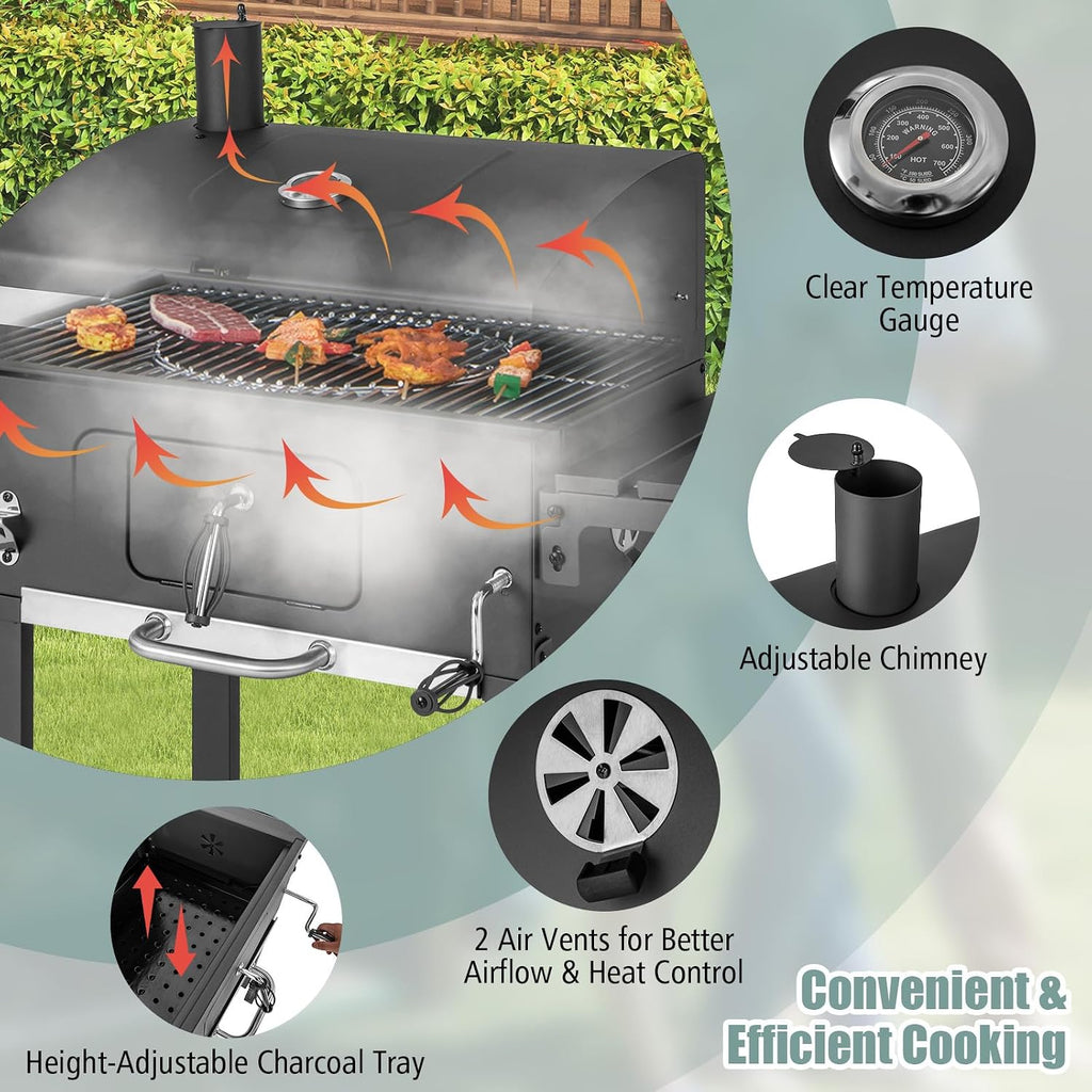Giantex Charcoal Grill 24 inch, BBQ Grill with 2 Foldable Side Table, Adjustable Charcoal Tray, Pull-out Ash Tray, Heavy Duty Barbecue Grill with Wheels for Outdoor Cooking Camping Backyard Party