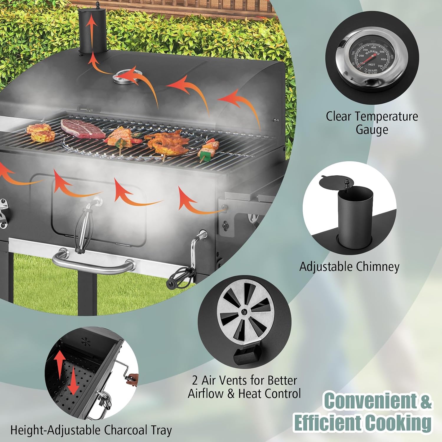 Giantex Charcoal Grill 24 inch, BBQ Grill with 2 Foldable Side Table, Adjustable Charcoal Tray, Pull-out Ash Tray, Heavy Duty Barbecue Grill with Wheels for Outdoor Cooking Camping Backyard Party