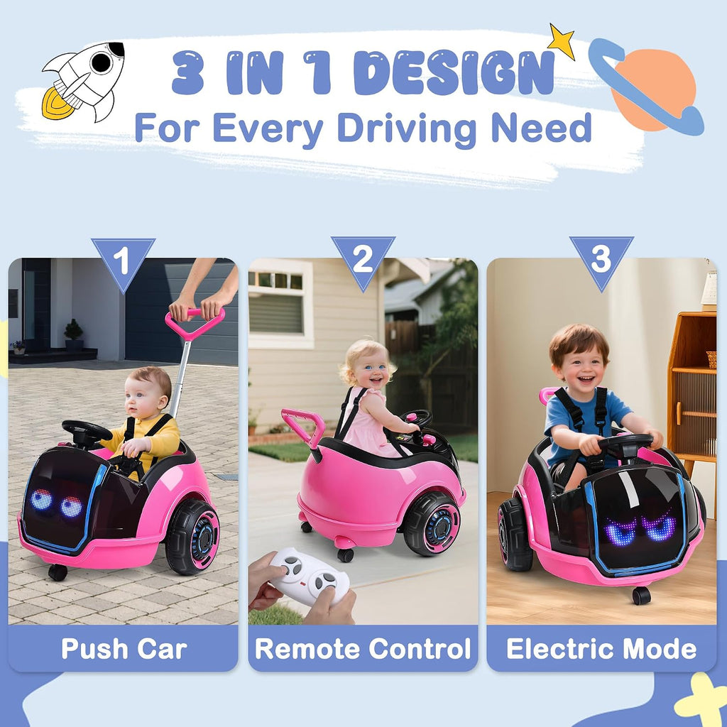 ANPABO 3-in-1 Electric Push Ride On Car, 12V Kids Ride On Toy w/Remote Control, 360° Spin, LED Display, 5-Point Safety Belt, Colorful LED Light, Music Player, Push Car for Toddler Ages 1-3 (Pink)