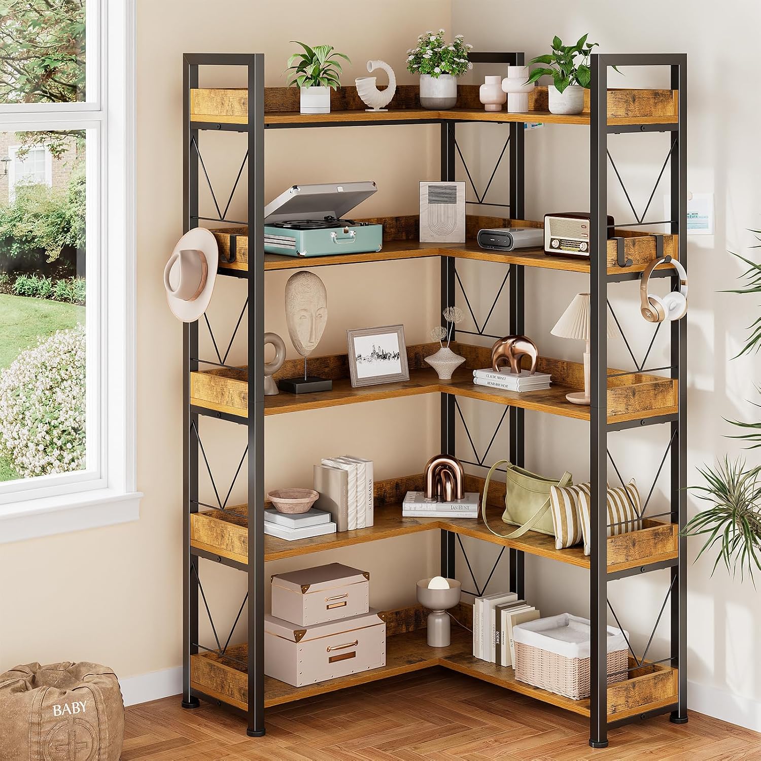 DUMOS 65 inch L Shaped Bookshelf, 5 Tier Corner Bookcase with Hooks and Edge, Industrial Pantry Shelves with Metal Frame, Wooden Open Storage for Living Room, Home Office, Bedroom, Rustic Brown