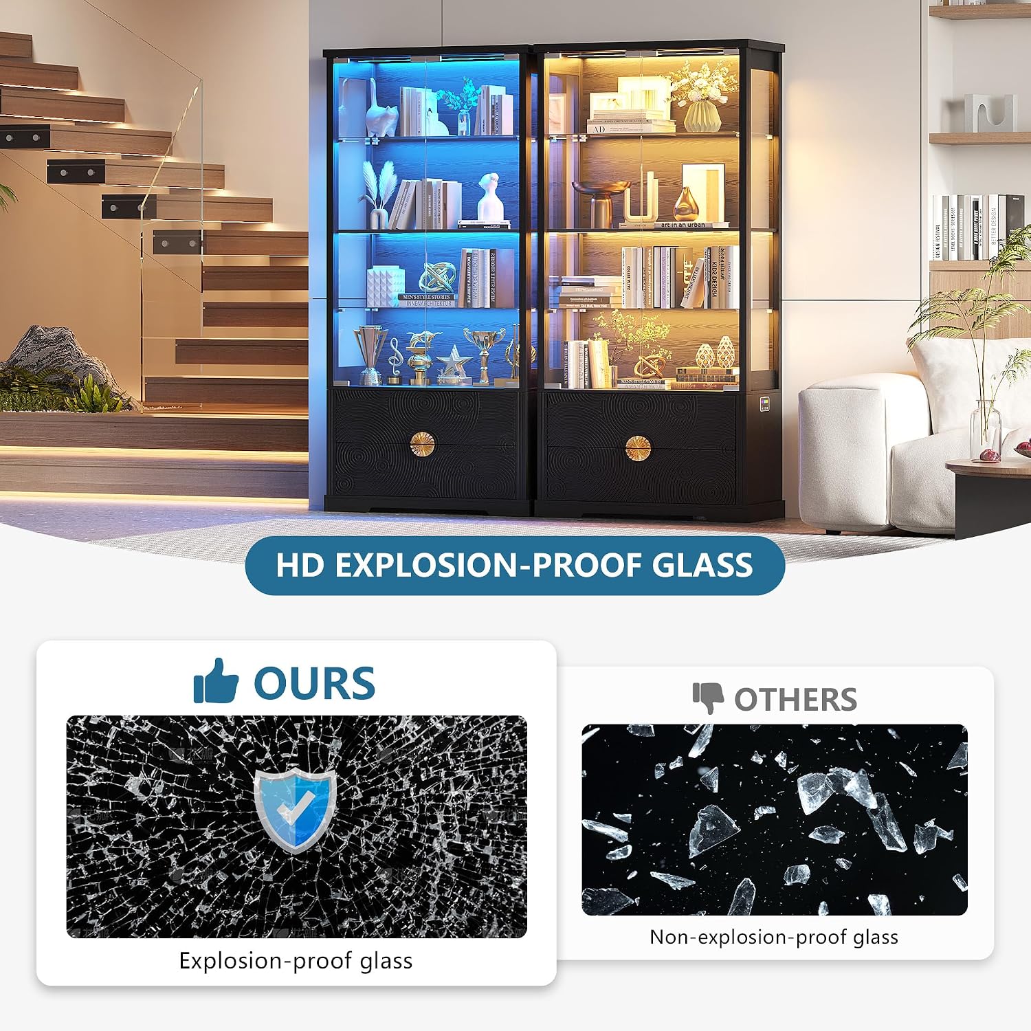 TAGELIER RGB Glass Display Cabinet with Door, 4-Tier Curio Cabinet with 2 Drawers and Adjustable Glass Height Showcase, Display Case with 3 LED Light and Human Body Sensor, Black