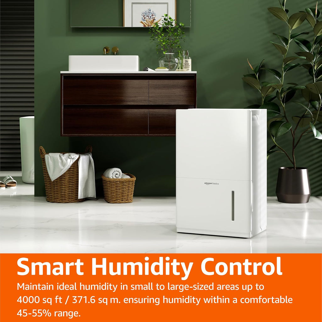Amazon Basics 50-Pint Large Dehumidifier with Humidity Control, Timer, Auto-Defrost, Overflow Protection, Washable Filter for Rooms up to 4000 SFT, White