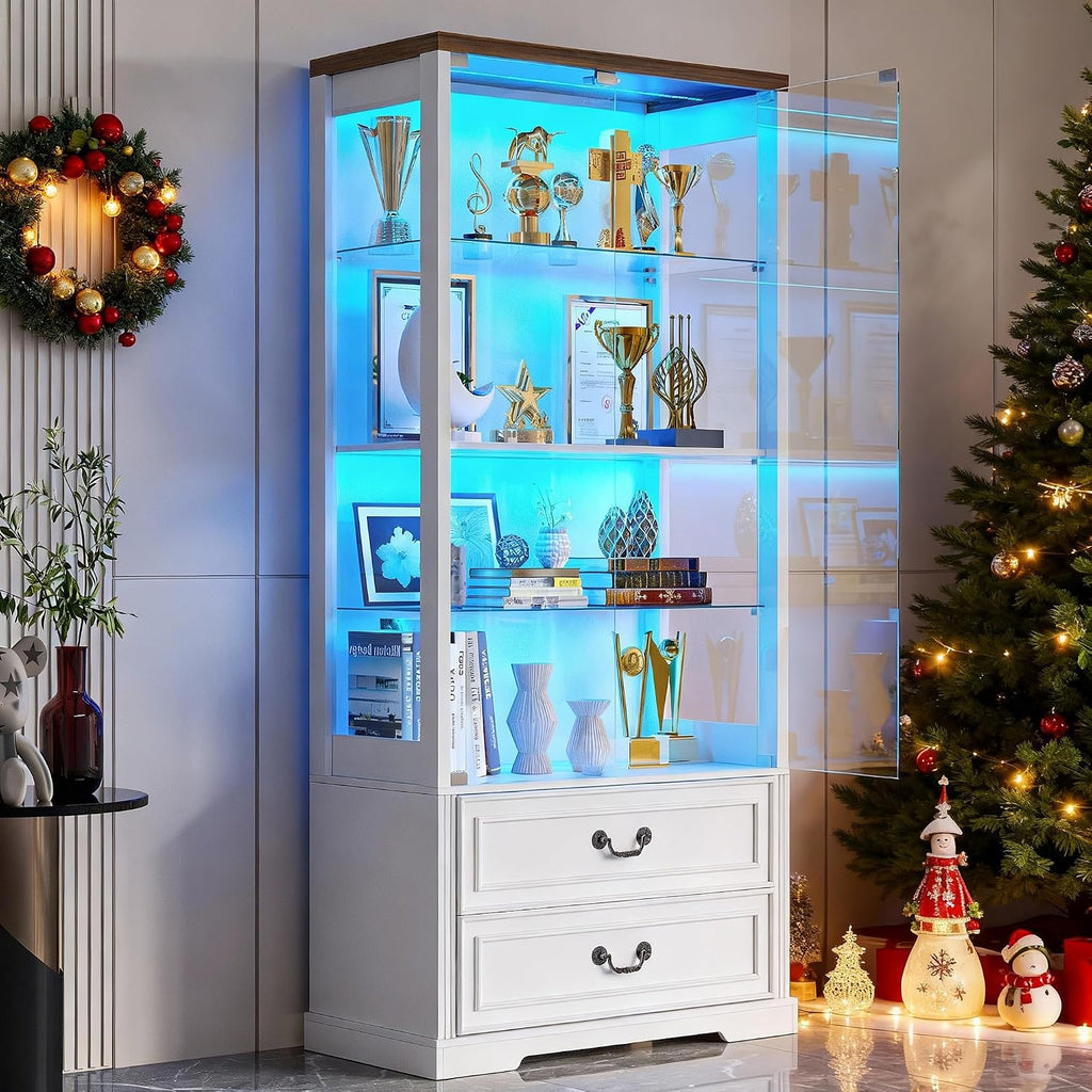 TAGELIER Glass Display Cabinet with Door, 4-Tier Curio Cabinet with 2 Drawers and Adjustable Glass Height Showcase, Display Case with 3 LED Light and Human Body Sensor, White