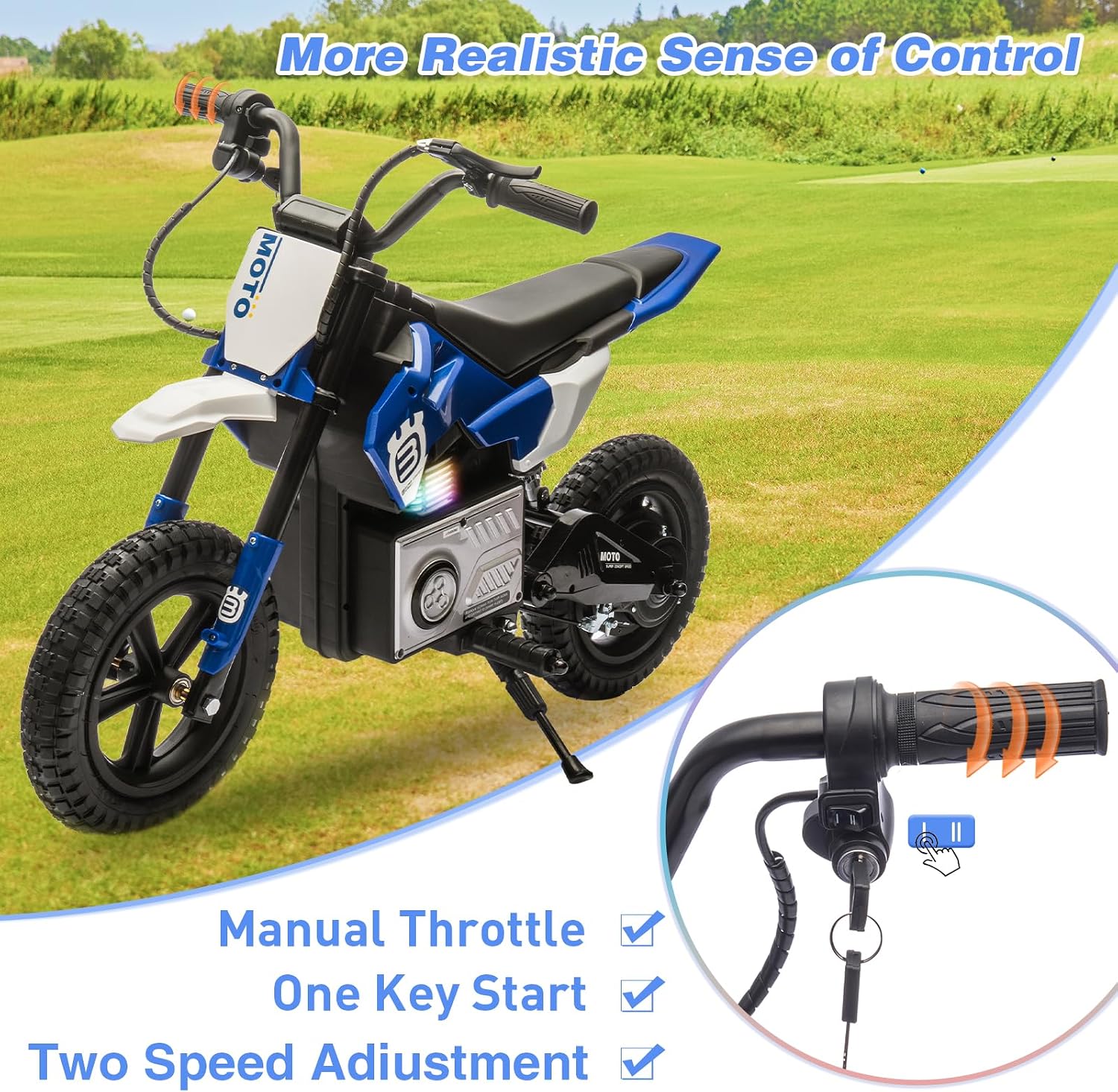 WEEROCK 24V Kids Electric Dirt Bike for 5-15 Years Old, 200W Ride on E-Motorcycle 3.11-9.32MPH Speed, Rear Shock Absorber, LED Breath Lamp, Bluetooth for Boys Girls Children Electria Toy Gift, Blue