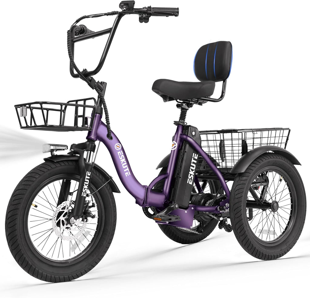 ESKUTE E Trike Electric Bike, Peak 1200W Brushless Motor Folding Trike 18X3.0 Fat Tire Ebike, 624Wh Removable Battery, Step-Thru 3 Wheel Electric Bicycle, Up to 55 Miles, 18MPH+ Tricycle for Adults