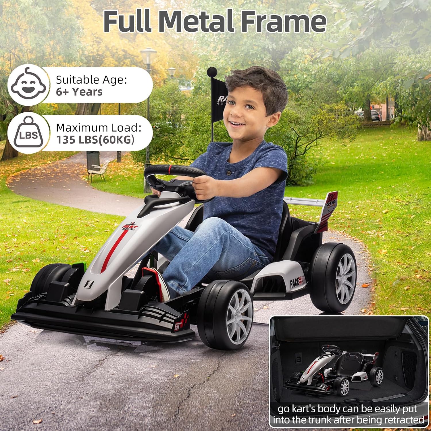 GarveeLife 24V Kids Ride on Go Kart, 7.5 mph Variable High Speed Drifting Car, 7ah Battery 200W*2 Motors,Ajustable Legroom for Kids Grows, Max Load 135 LBS, Power Display Racing Toy for 6+,White