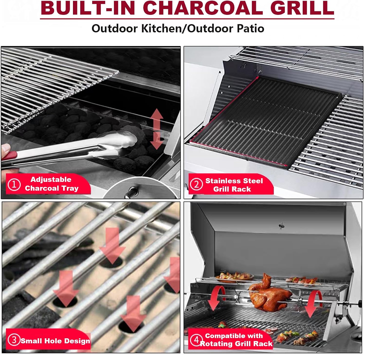 Built-In Stainless Steel Charcoal Grill for Outdoor Kitchen,28 Inch Large Charcoal BBQ Grills with Liftable Tray,Insulated Hood,Temperature Gauge & Cover for Camping,Patio,Park(Glass Square Lid)