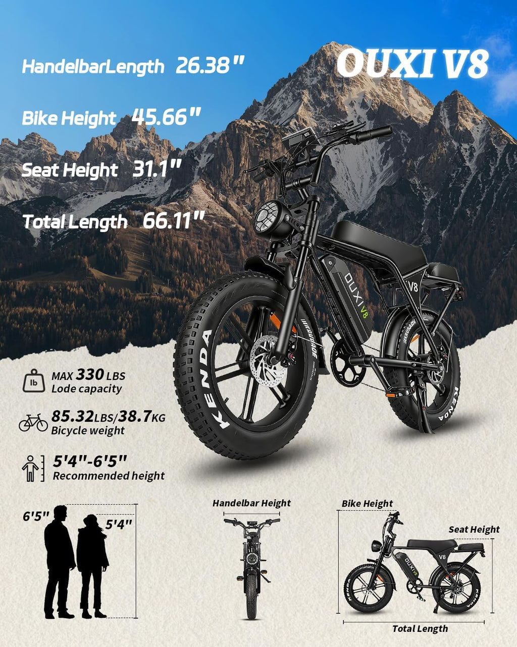 OUXI V8 Series Electric Bike for Adults, Ebike Peak 500W/1000W, 20/31 MPH, 10.4/15/30 AH Removable Battery, 16''/20' Fat Tire Electric Bike, 7-Speed Gear Electric Bicycles, Dual Disc Brakes