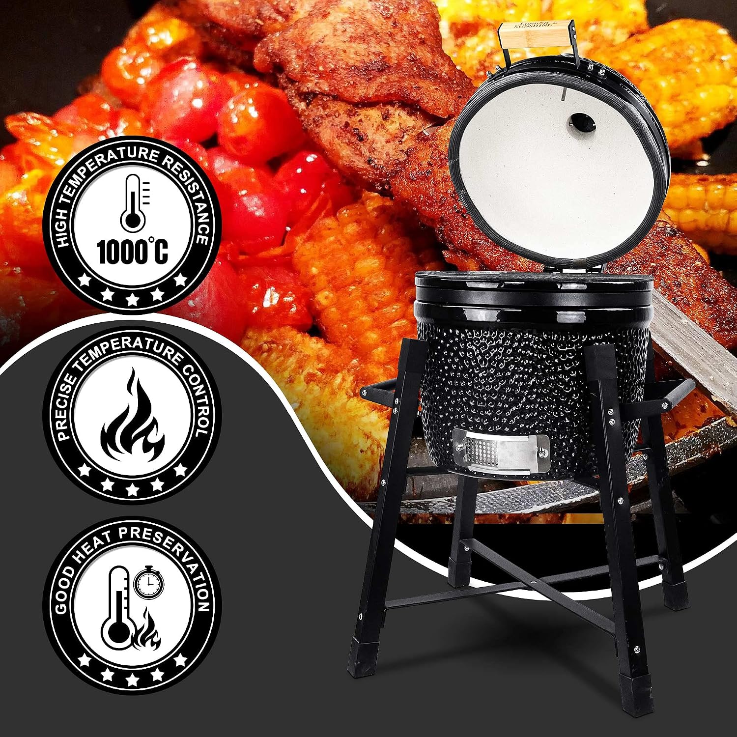 London Sunshine Ceramic Kamado Charcoal BBQ Grill and Smoker, Stainless Steel Grates -15' Ceramic with Tall Stand (BLACK)