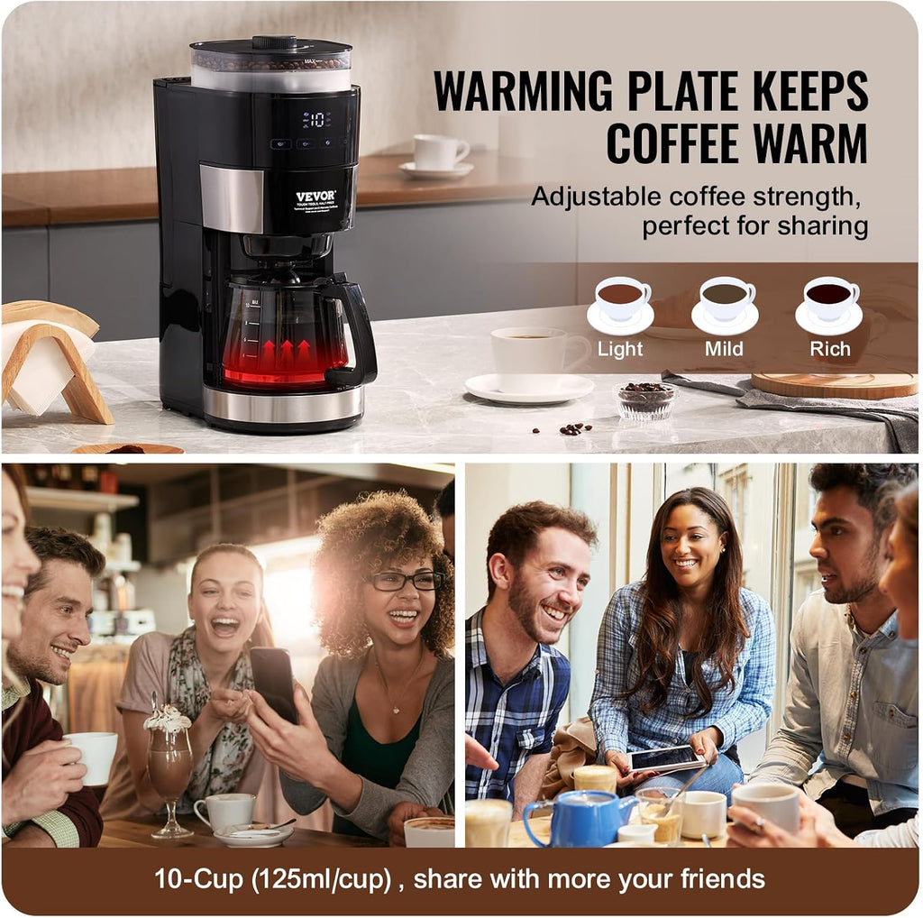VEVOR Coffee Maker with Grinder, 10 Cup Coffee Machine, Grind and Brew Coffee Maker with 3 Brew Strength Control, Adjustable Grinding Coarseness, for Home Office Restaurant