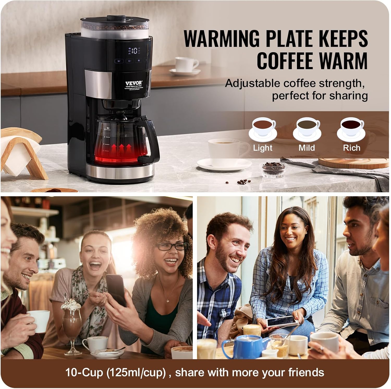 VEVOR Coffee Maker with Grinder, 10 Cup Coffee Machine, Grind and Brew Coffee Maker with 3 Brew Strength Control, Adjustable Grinding Coarseness, for Home Office Restaurant