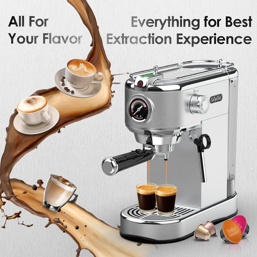 20-Bar Espresso Machine & Coffee Machine – Compatible with Nespresso, Keurig K Cup – Hot & Cold Brew, Milk Frother, Stainless Steel – 10 oz Espresso Cup - Latte Machine & Cappuccino Machine