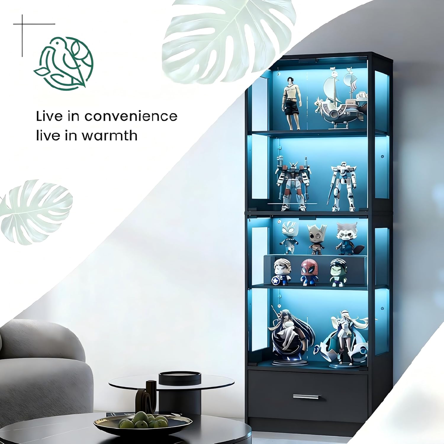Lamtor Display Cabinet with Glass Doors - 67' Curio Cabinet with RGB LED Lights and Drawer for Collectibles, 4 Tier Glass Display Case for Living Room, Office, Black(Narrow)