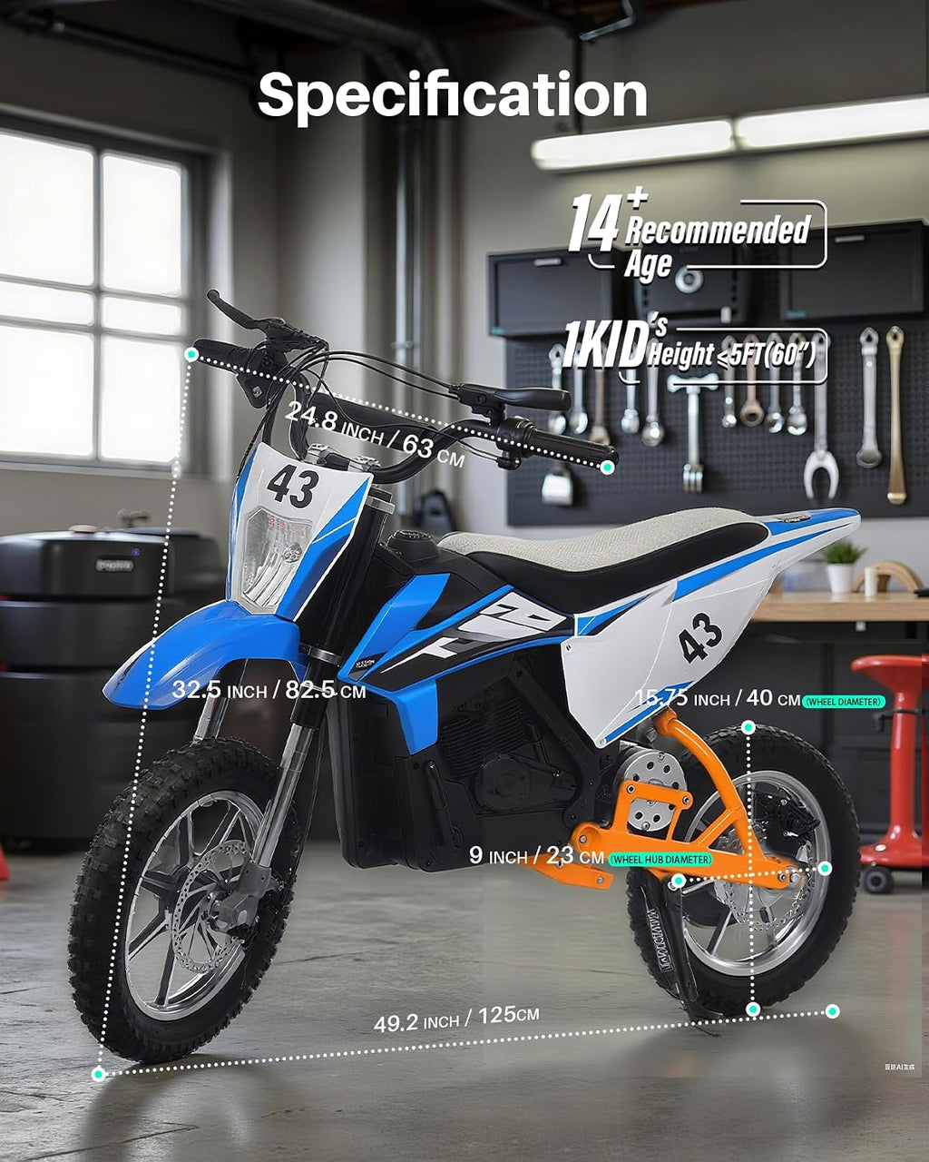 Blitzshark 36V 650W Kids Electric Dirt Bike Off-Road Motocross Ultra Powerful Motorcycle, with 17MPH MAX Speed, Rubber Tire, Twist Grip Throttle, Leather Seat, Dual Suspension & Brakes, SRK-MC20 Pro