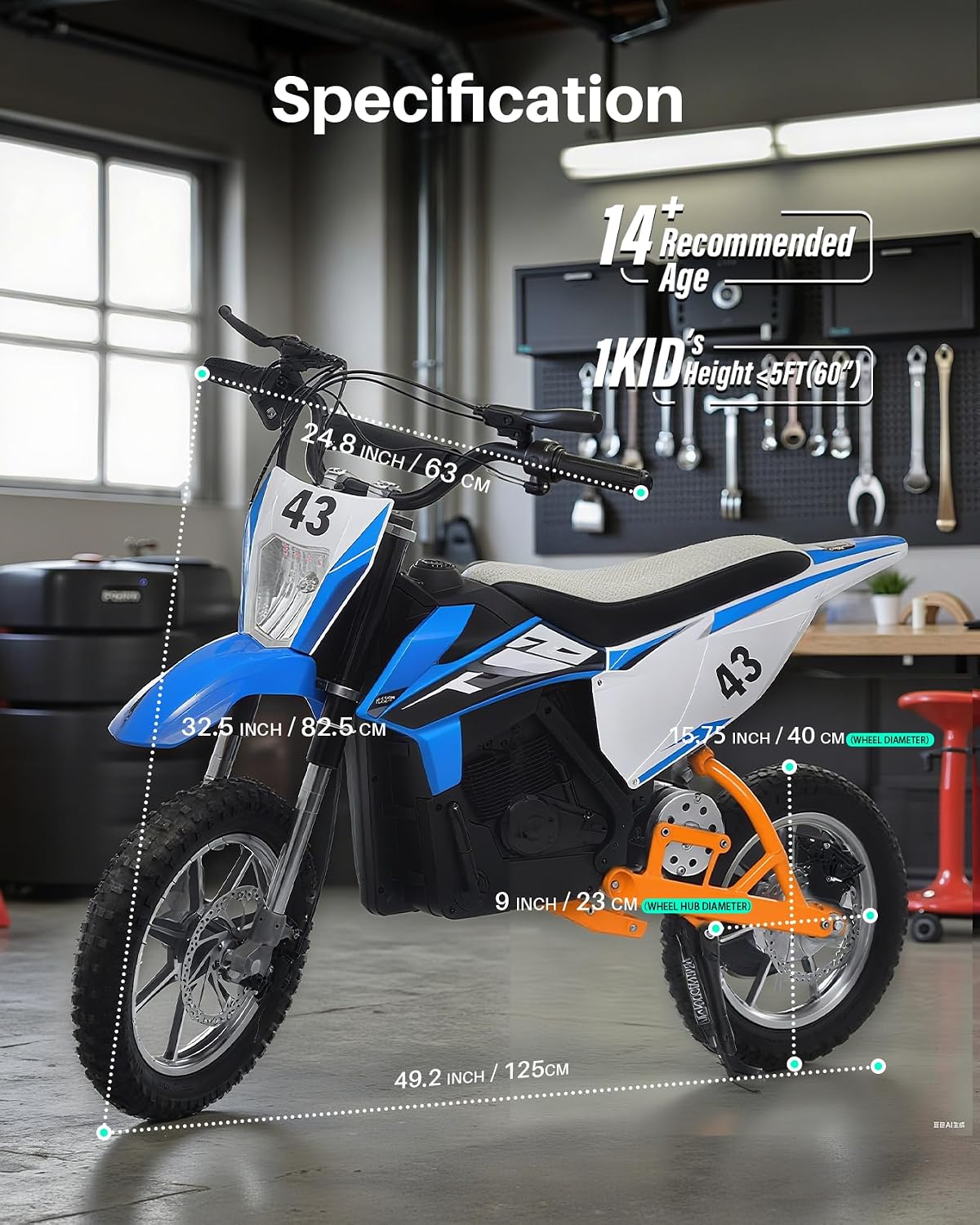Blitzshark 36V 650W Kids Electric Dirt Bike Off-Road Motocross Ultra Powerful Motorcycle, with 17MPH MAX Speed, Rubber Tire, Twist Grip Throttle, Leather Seat, Dual Suspension & Brakes, SRK-MC20 Pro