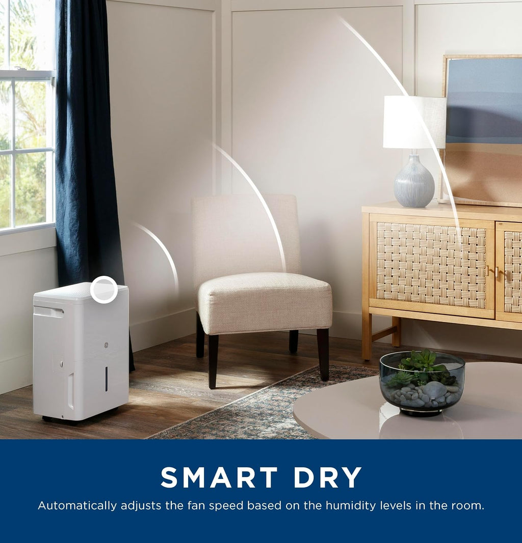 GE Smart Portable Dehumidifier w/WiFi for Basement, Bedroom, Bathroom, Garage, Large Rooms up to 4500 Sq Ft, 50Pint w/Removable Bucket & Continuous Drain Connect for Auto/Manual Drainage