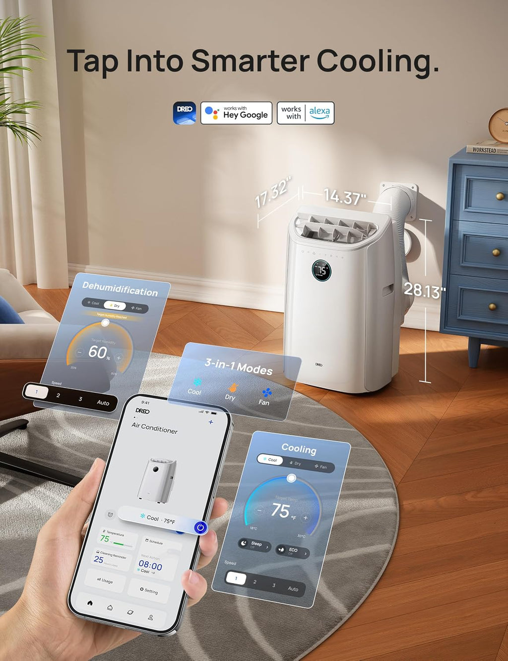 DREO Portable Air Conditioner 516S, 14000 BTU ASHRAE (10000 BTU DOE) Smart AC Unit for Bedroom with Drainage-free Cooling, Fan&Dehumidifier 3 in 1, APP/Voice/Remote, Quiet Standing AC for Room Indoors