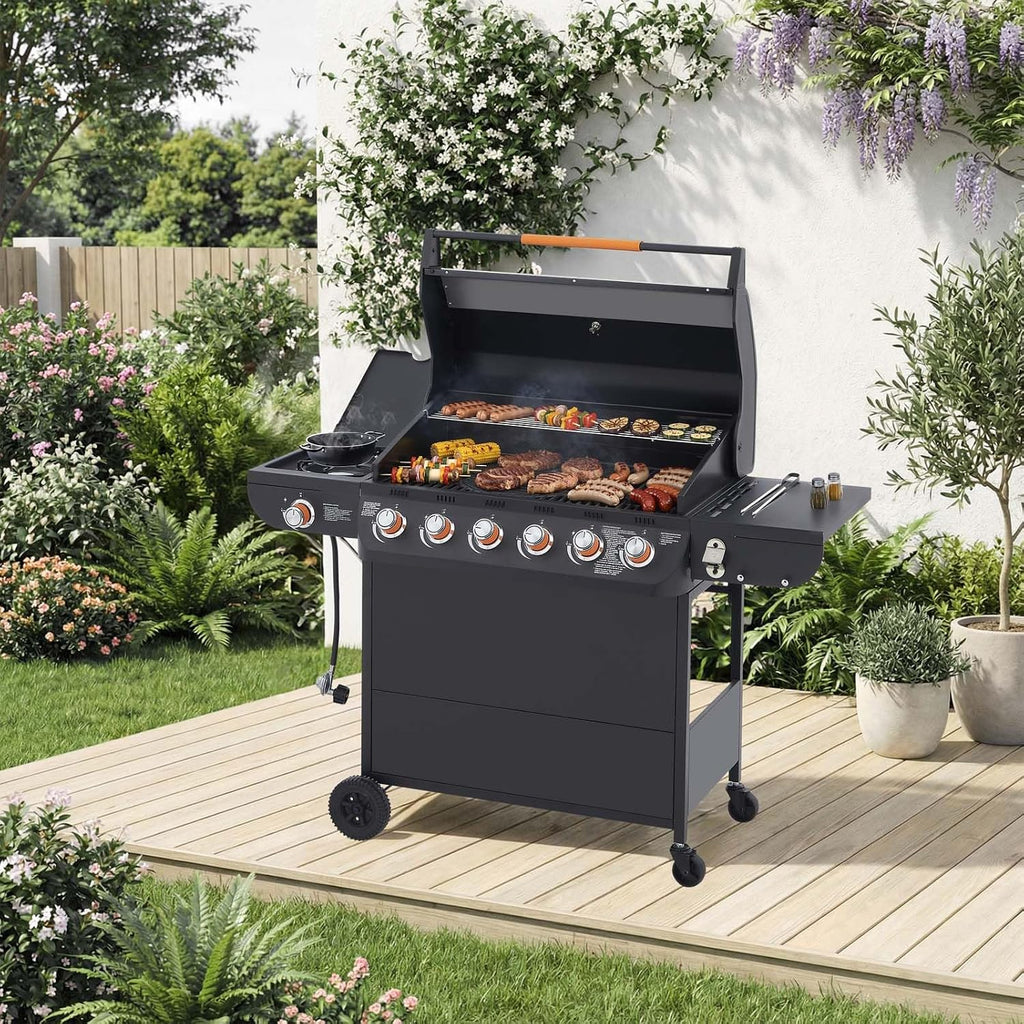 6-Burner Propane Gas BBQ Grill with Side Burner, 72,000 BTU Stainless Steel Barbecue Grill with Cast Iron Grates and Side Table for Outdoor Cooking Kitchen Patio