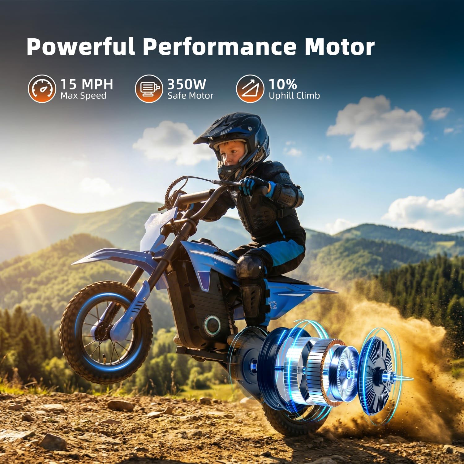 EK2 Kids Electric Dirt Bike, 350W Motor, 15 MPH Max Speed, 36V 5.2Ah Lithium Battery 12 Miles Max Range, Electric Motorcycle for Kids Aged 5-10, Blue