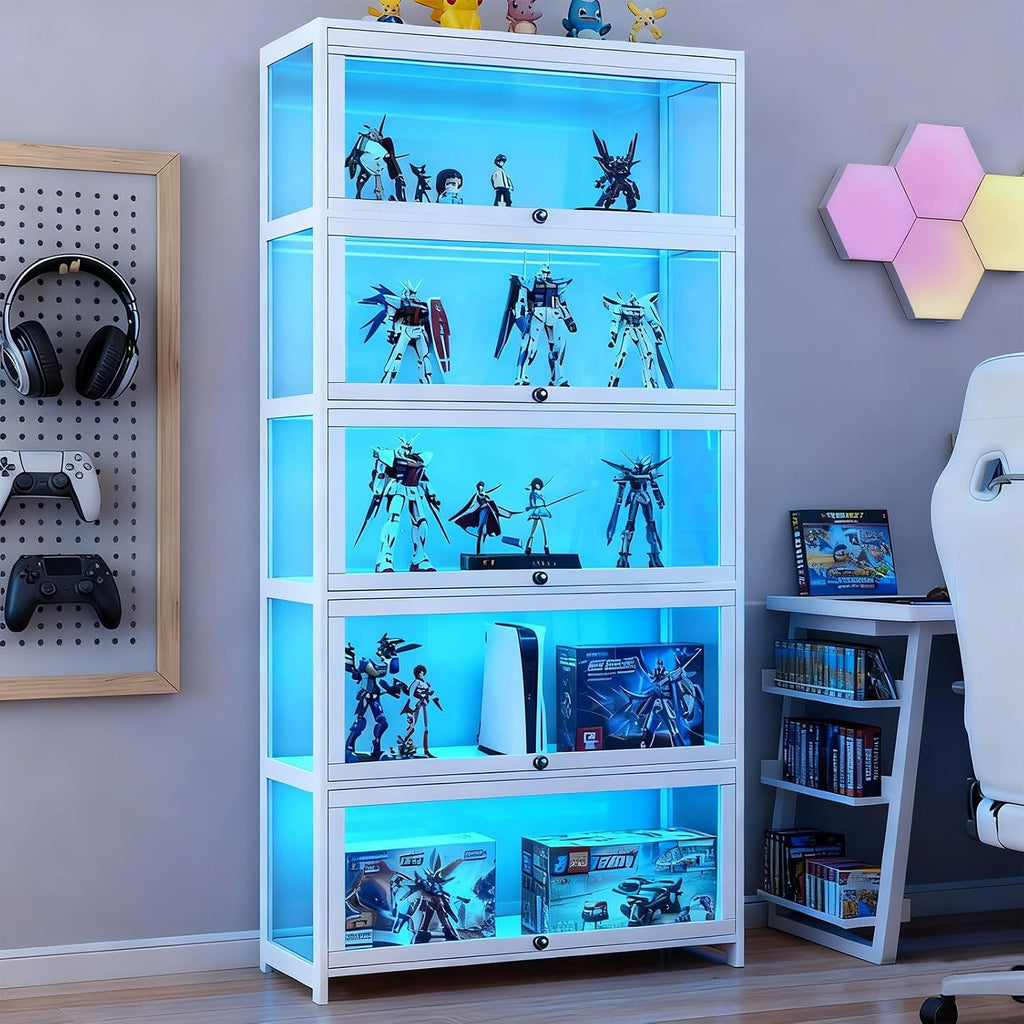 Display Cabinet with Acrylic Glass Doors 5-Tier Curio Cabinet - Collectibles Toy Organizers Rack & Display Shelf - Bookcase for Home Office Playroom Living Room Books Toys (White)