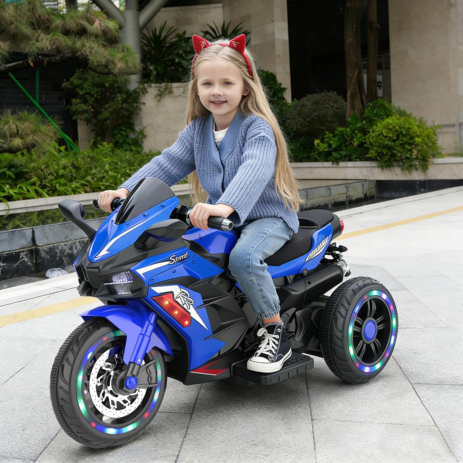 WIIS' IDEA Kids Ride On Motorcycle,12V Electric Battery Powered Ride On Bike,3 Wheels Electric Motorcycle for Kids Ages 3-6 Years with Hand Racing,LED Light-Emitting Tyres,PU seat,Toy Gifts,Blue