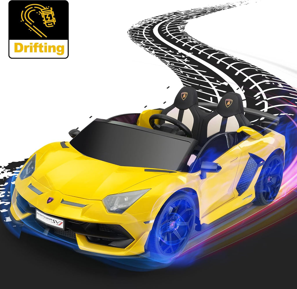 2-Seater Ride on Car 24V Electric Lamborghini for Kids High Speed 13km/h Drift Sports Car with PU Leather Seats w/Adjustable Safety Belt, 2 Speeds Mode, Music, Gifts for Children