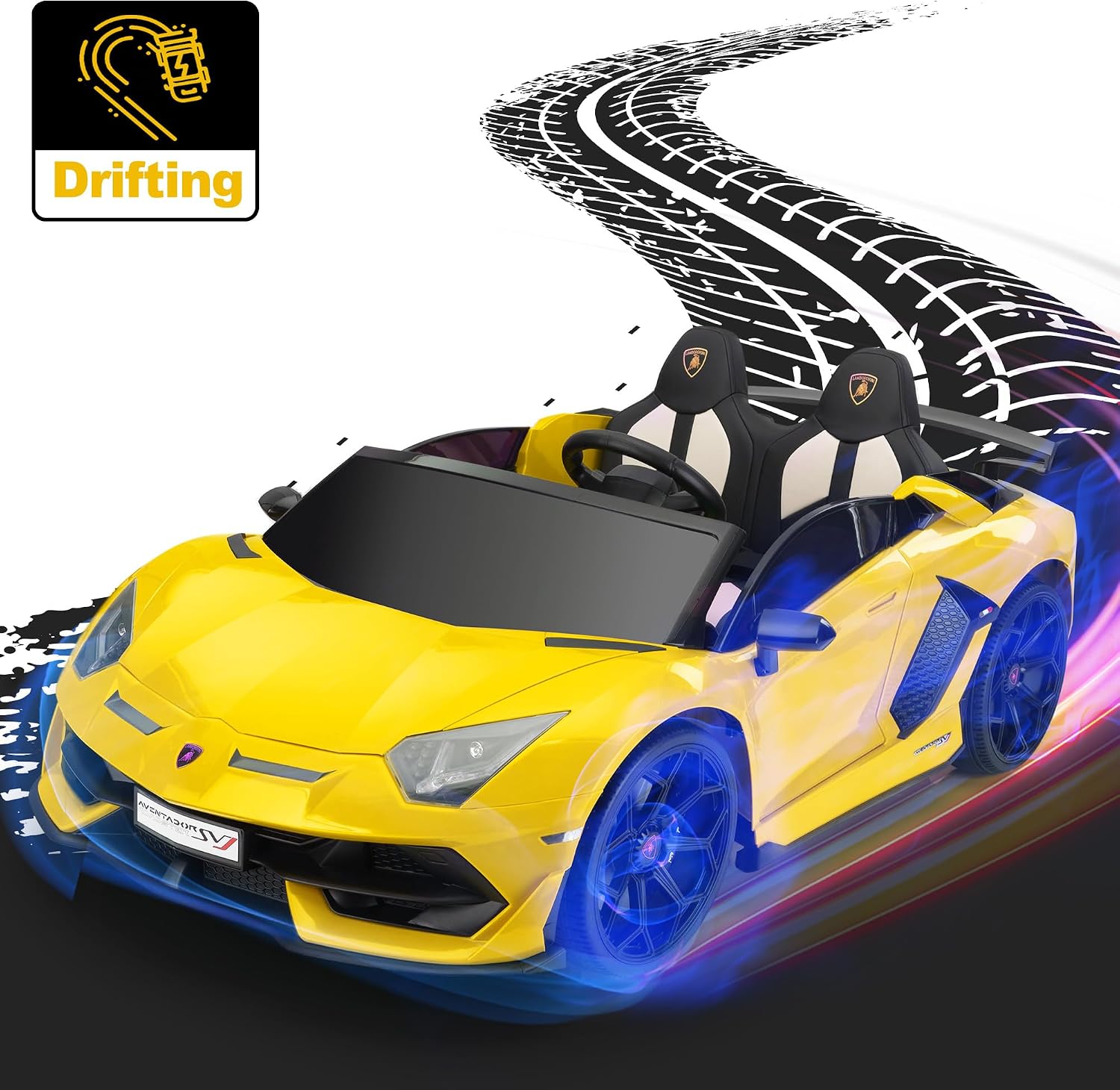 2-Seater Ride on Car 24V Electric Lamborghini for Kids High Speed 13km/h Drift Sports Car with PU Leather Seats w/Adjustable Safety Belt, 2 Speeds Mode, Music, Gifts for Children