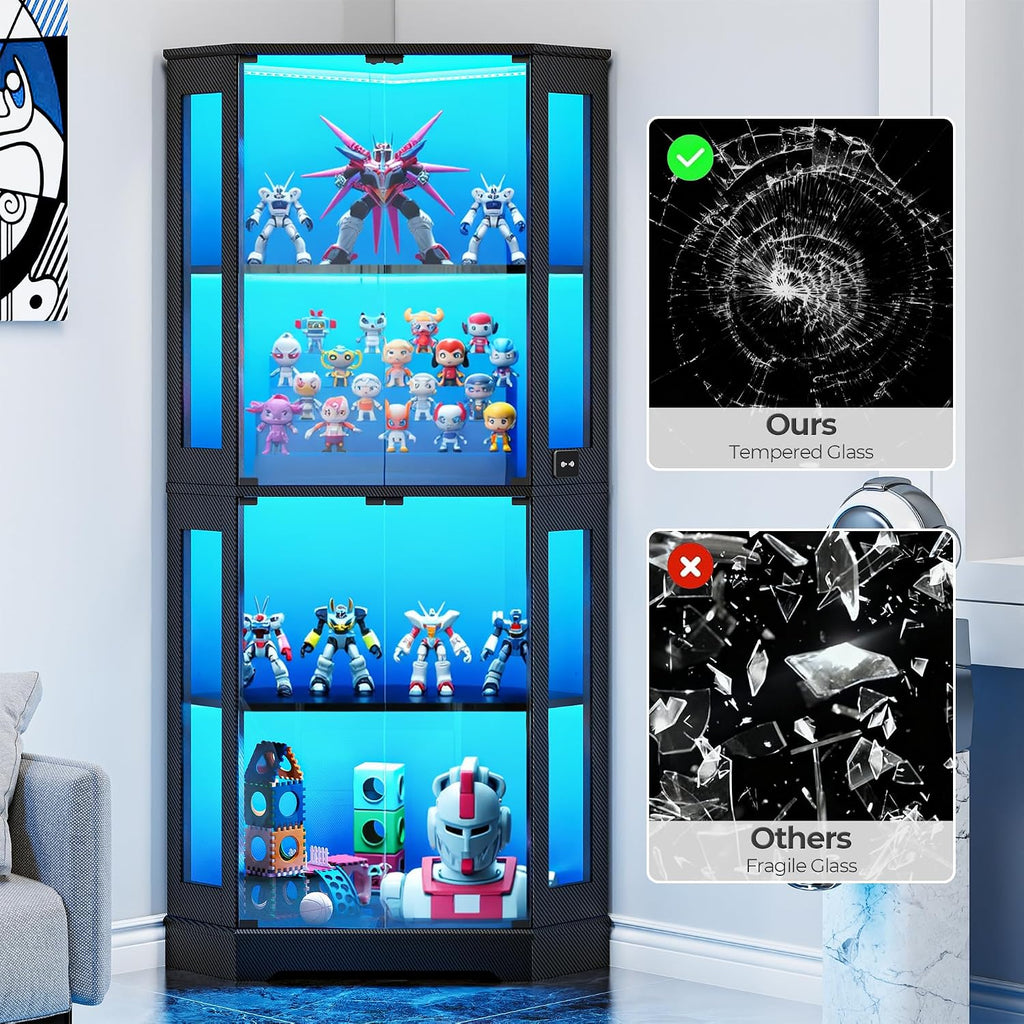 IRONCK 71 Inch Carbon Fiber Corner Glass Display Cabinet with Human Body Sensor & 6-Color LED Lights, 4-Tier Tempered Glass Display Case with 2 Adjustable Shelves for Collectibles, Toys, Black