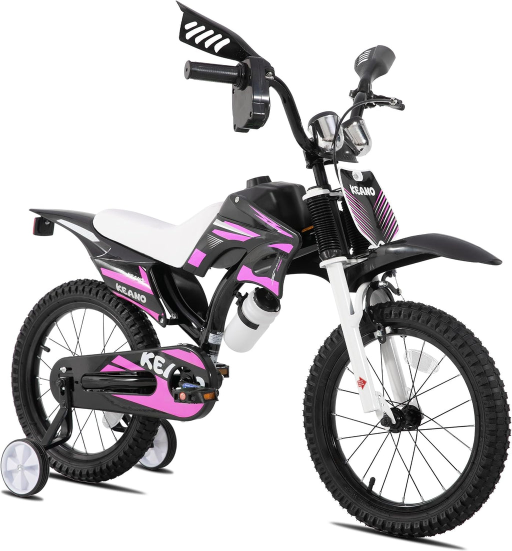 KEANO Motocross Style Kids Bike for Boys Girls Ages 3-7 Years, 12 & 16 Inch Bikes with Training Wheels and Number Plate, Children Bicycles Black