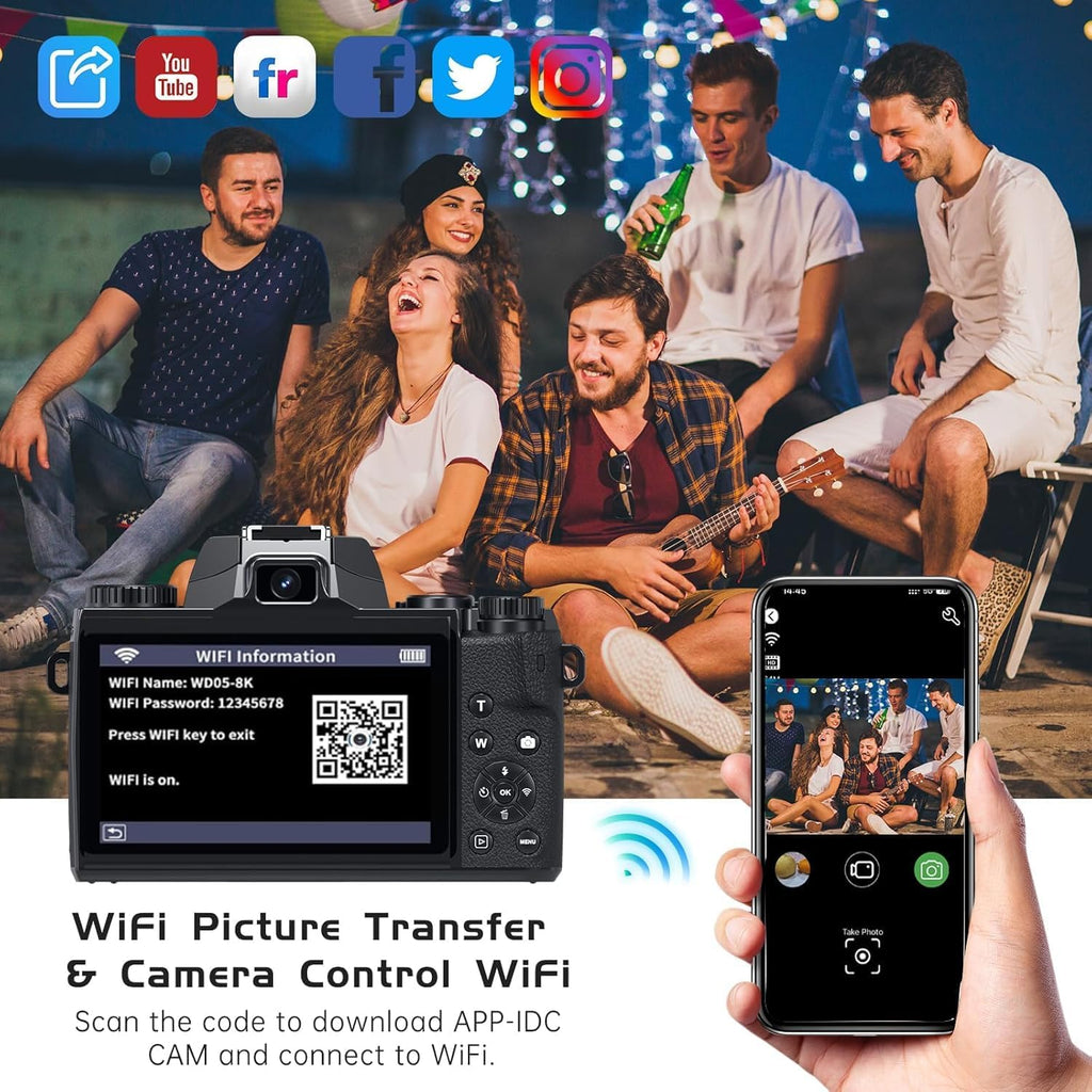 8K Digital Camera for Photography, WiFi & 4' Touch Screen Vlogging Camera for YouTube with Dual-Lens, 64MP Vlog Cameras 16X Digital Zoom with 32GB TF Card, 3000mAh Battery, Lens Hood, Black