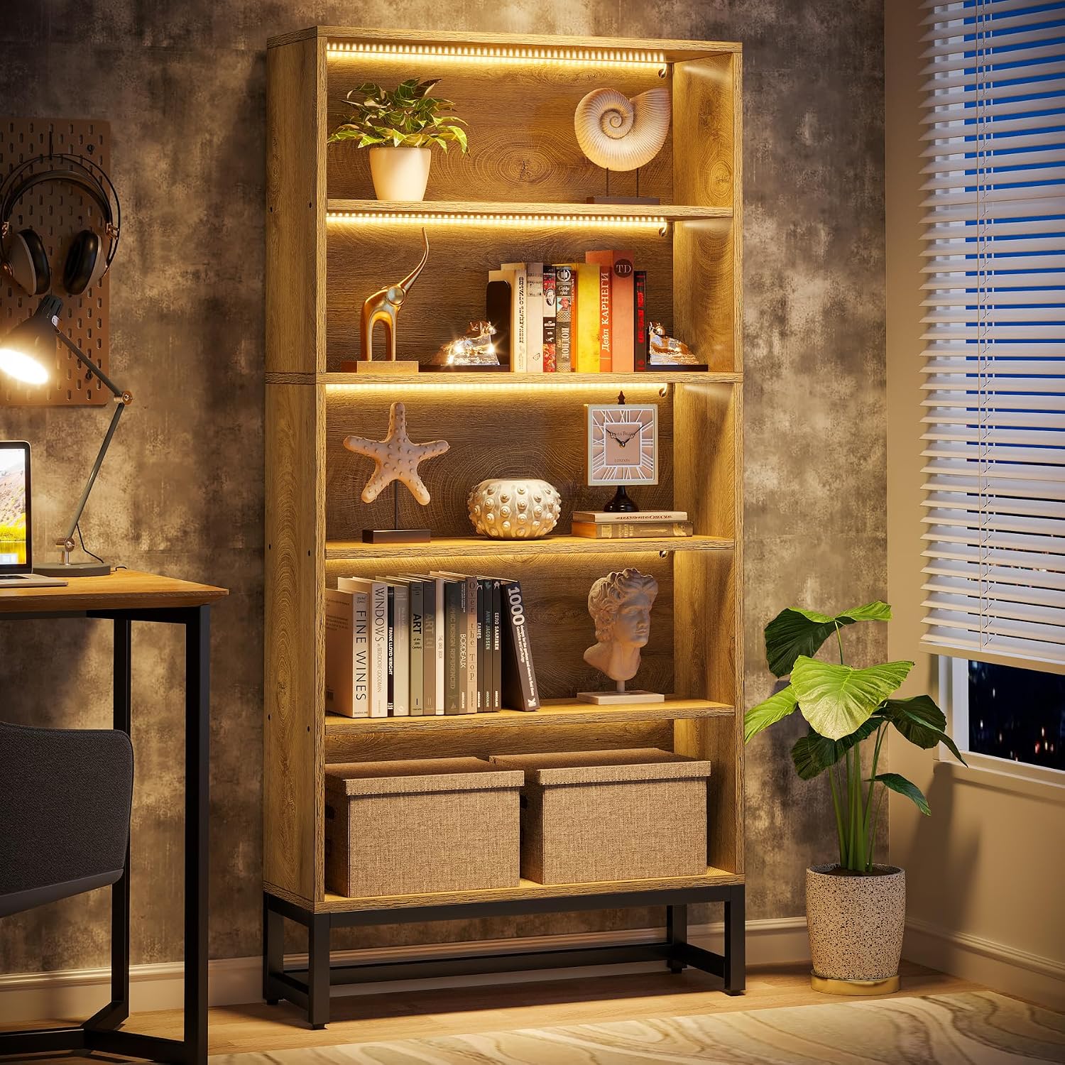 Tribesigns Tall Bookcase and Bookshelf, 70.8' Large Bookcases Organizer with LED Lights, Heavy Duty Free-Standing Library Bookshelf with 5-Tier Storage Shelves for Living Room, Bedroom (Brown)