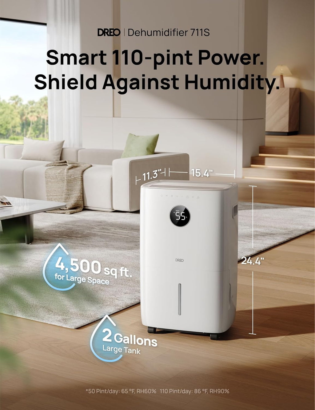 DREO 110-Pint Smart Dehumidifier for Basement, 4500 Ft² for Large Room, 2 Gallon Water Tank, Auto/Comfort/Constant Mode Dehumidifiers for Home, Bedroom, Bathroom, with Drain Hose, Starlight, 711S