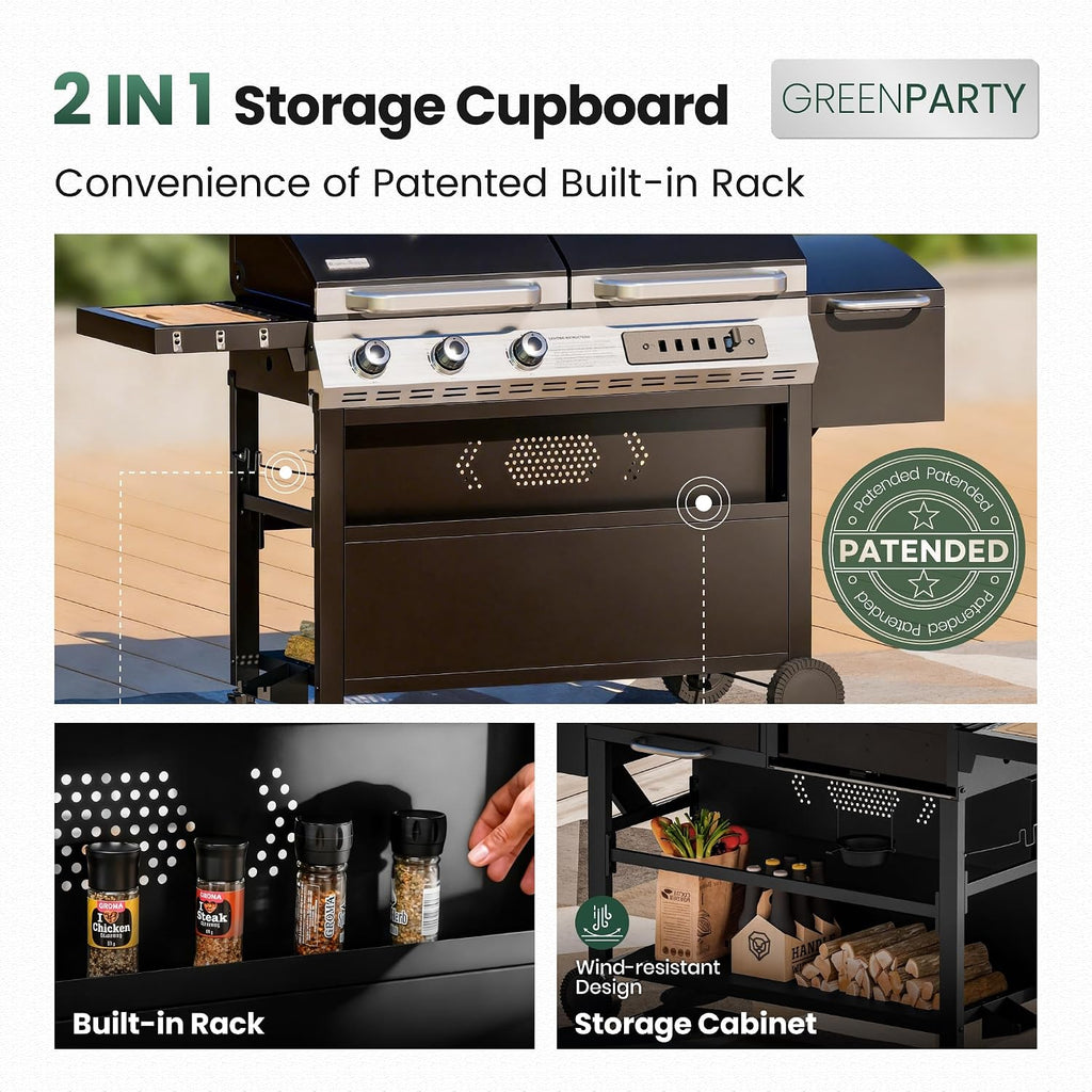 3-Burner Gas and Charcoal Grill Combo with Offset Smoker, 30,000 BTU Dual Fuel Grill, 839 Sq. In. Cooking Area BBQ Grill, Ideal for Outdoor Cooking Patio Backyard Balcony