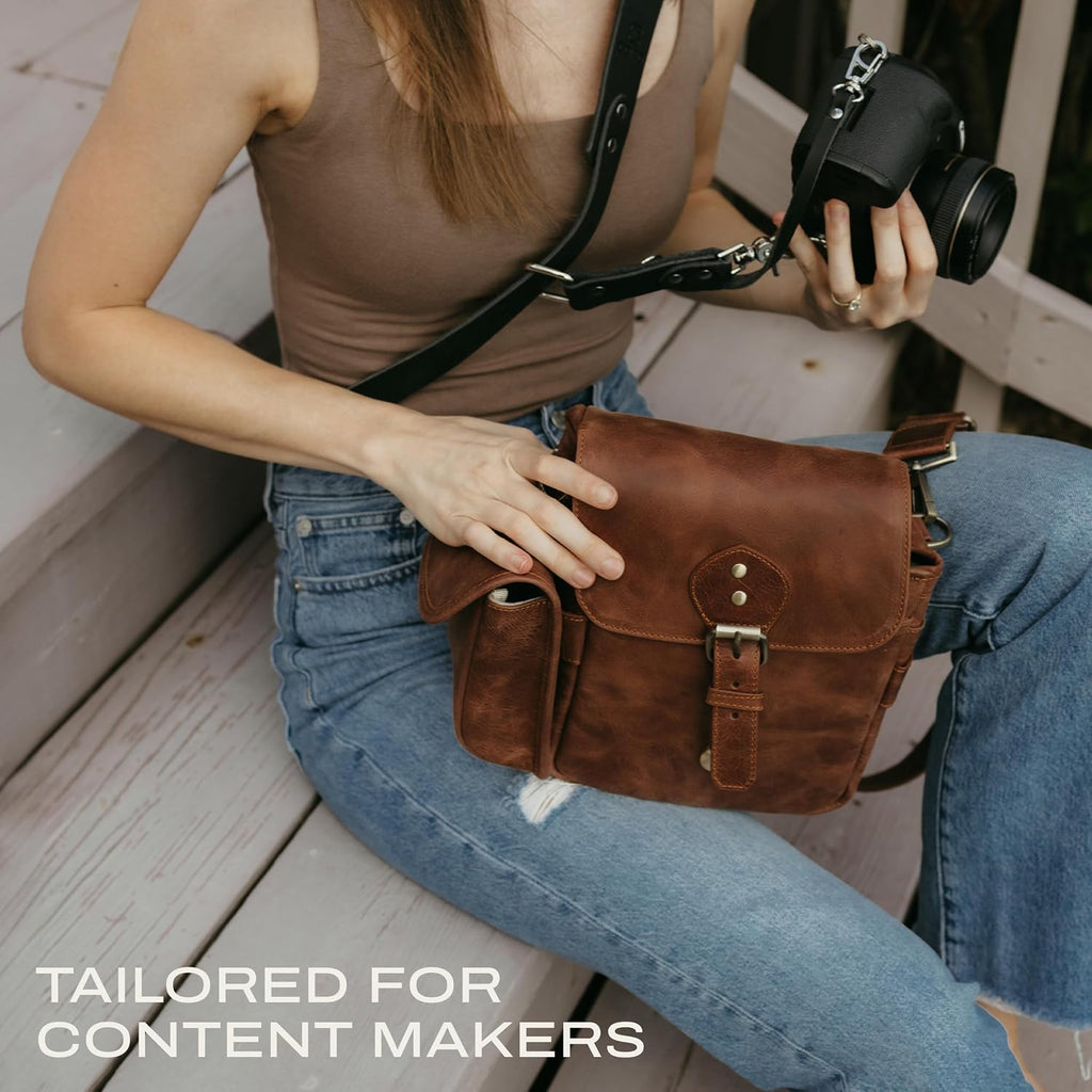 C Coiro Shoulder Camera Bag Full Grain Leather Photography Accessories with Extra Removable Pouch, Camera Case for DSLR/SLR, Travel Photography Camera Bag, Brown Color