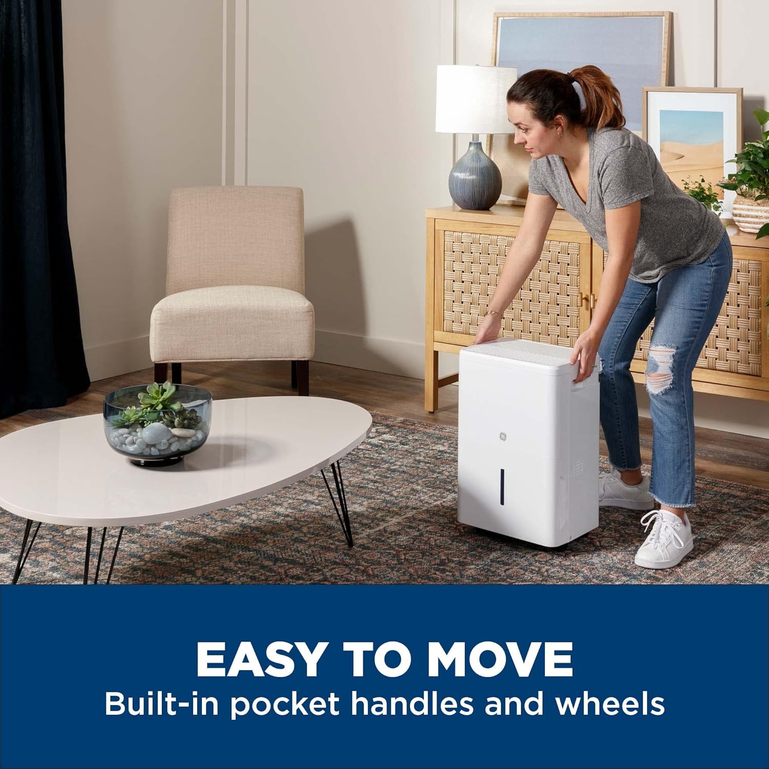 GE Smart Portable Dehumidifier w/WiFi for Basement, Bedroom, Bathroom, Garage, Large Rooms up to 4500 Sq Ft, 50Pint w/Removable Bucket & Continuous Drain Connect for Auto/Manual Drainage