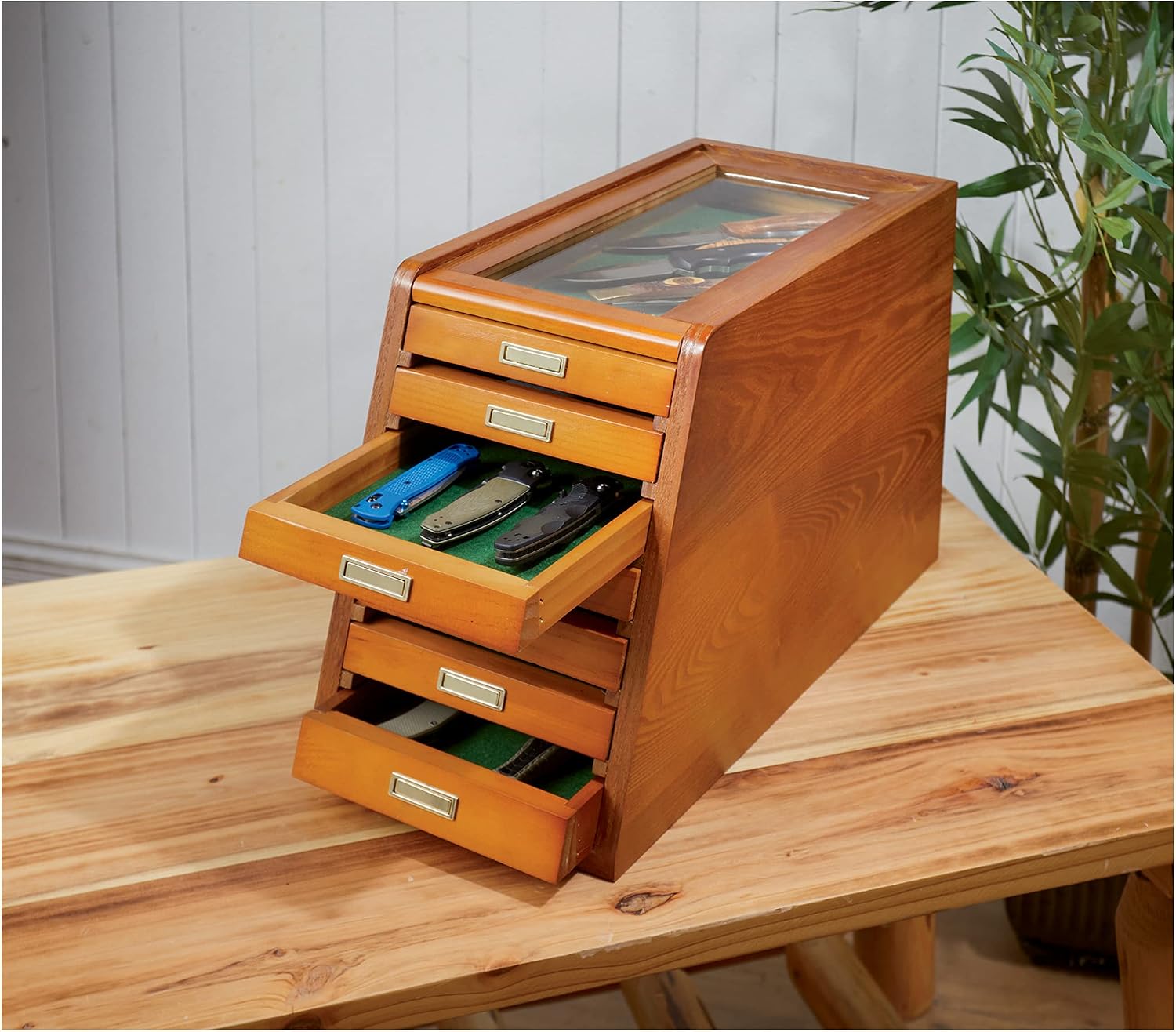 CASTLECREEK Collector's Cabinet Display Case for Collectibles, Wood 7-Drawer Storage Organizer Oak