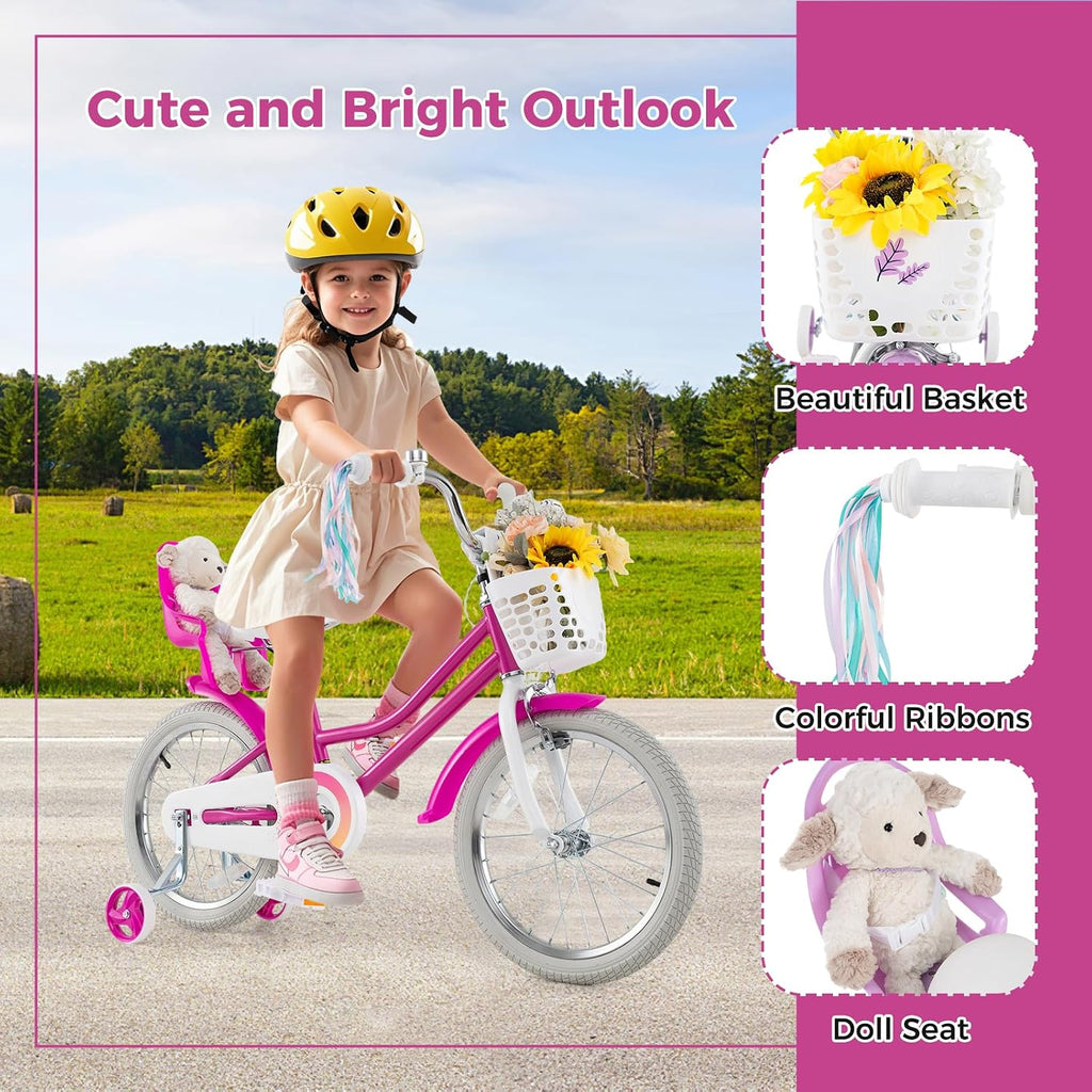 BABY JOY Kids Bike, 12 14 16 18 20 Inch Girls Bike w/Detachable Training Wheels or Kickstand, Storage Basket, Adjustable Seat & Handlebar, Bow or Streamer, Children Bicycle for 3-8 Years Old