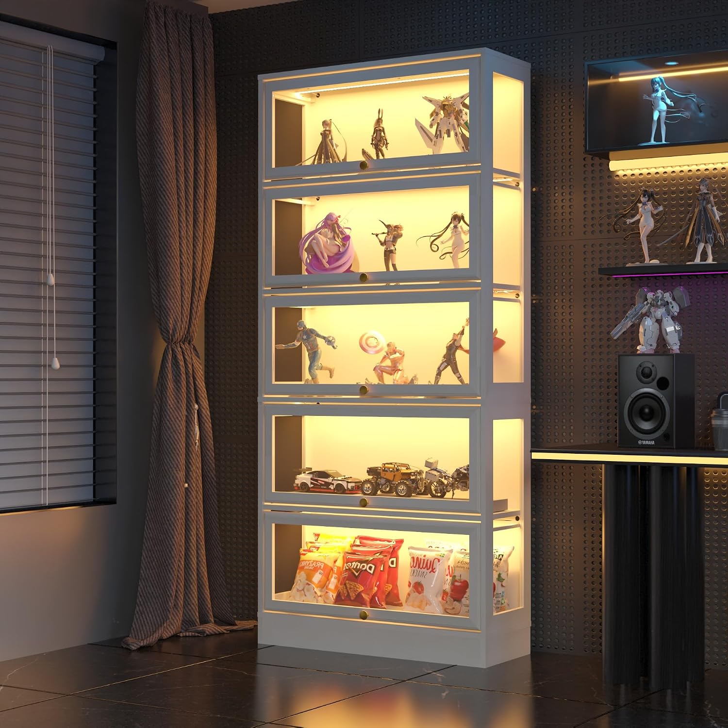 Display Cabinet with Acrylic Glass Doors,5-Tiers Curio Cabinet with LED Lighting for Collectibles, Collectibles Toy Organizers Rack & Display Shelf Display Case Storage Cabinet, White