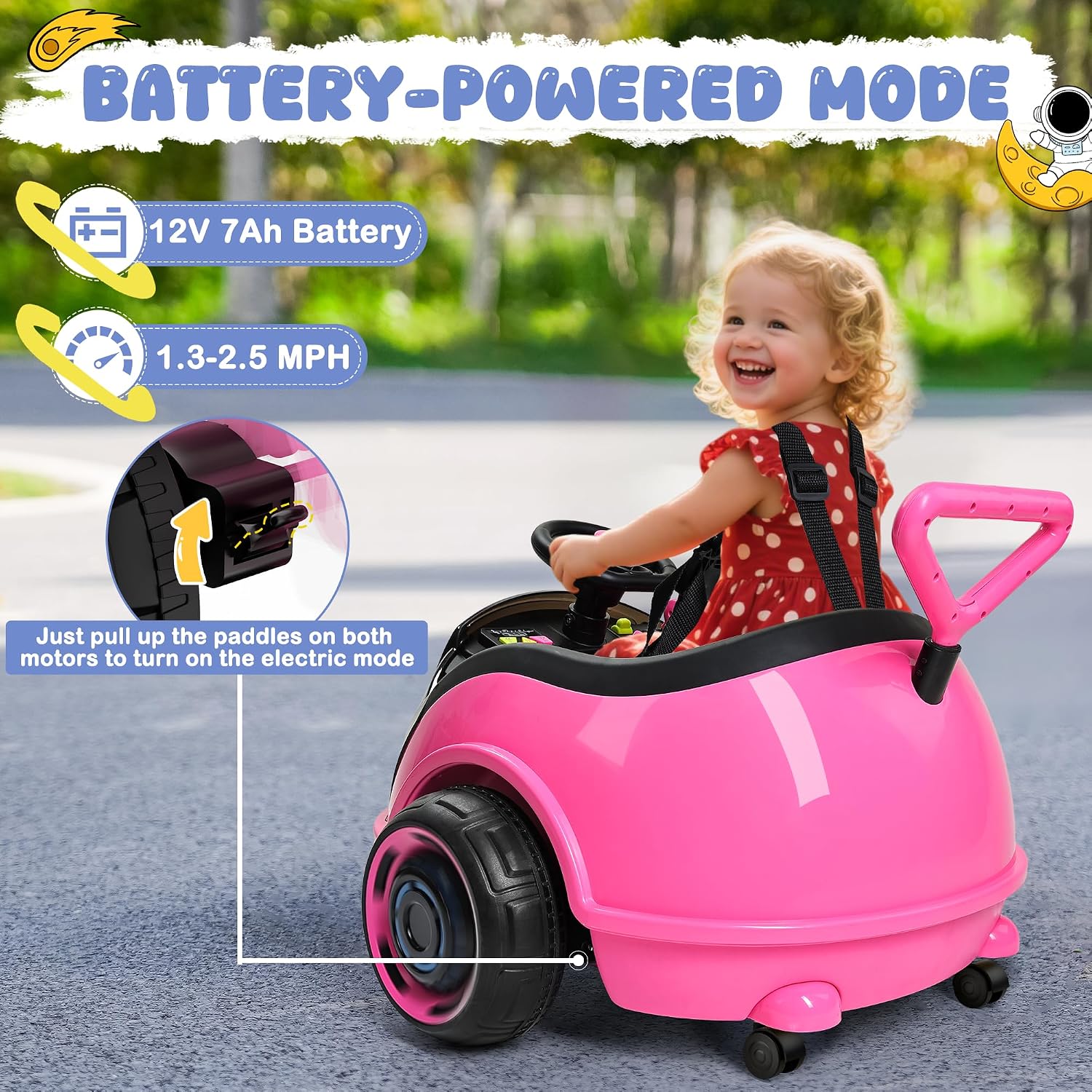 ANPABO 3-in-1 Electric Push Ride On Car, 12V Kids Ride On Toy w/Remote Control, 360° Spin, LED Display, 5-Point Safety Belt, Colorful LED Light, Music Player, Push Car for Toddler Ages 1-3 (Pink)