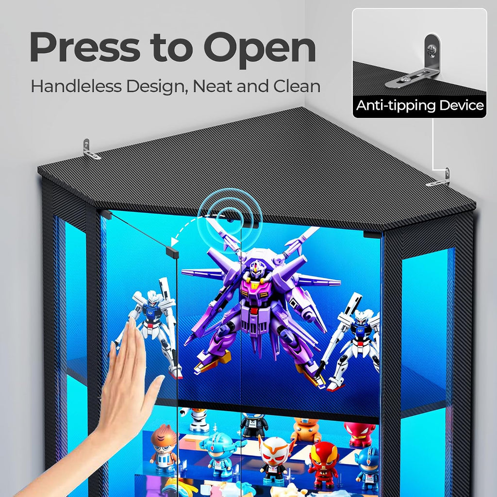 IRONCK 71 Inch Carbon Fiber Corner Glass Display Cabinet with Human Body Sensor & 6-Color LED Lights, 4-Tier Tempered Glass Display Case with 2 Adjustable Shelves for Collectibles, Toys, Black