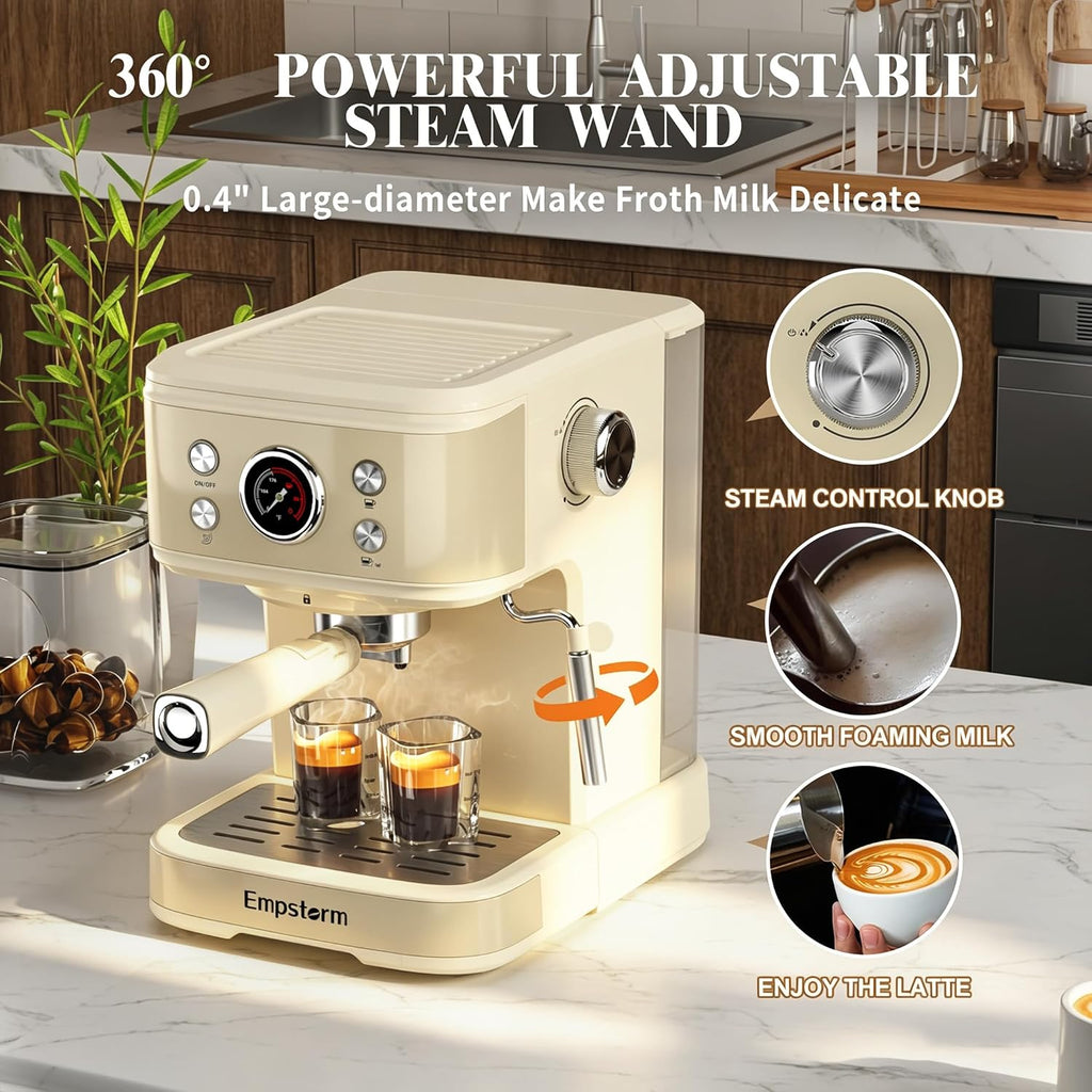 Empstorm Espresso Machine 20 Bar, 2 in 1 Espresso Maker with Milk Frother Steam Wand for Latte and Cappuccino, Powder and Capsule Portafilter, 50oz Removable Water Tank Coffee Machine for Home-White