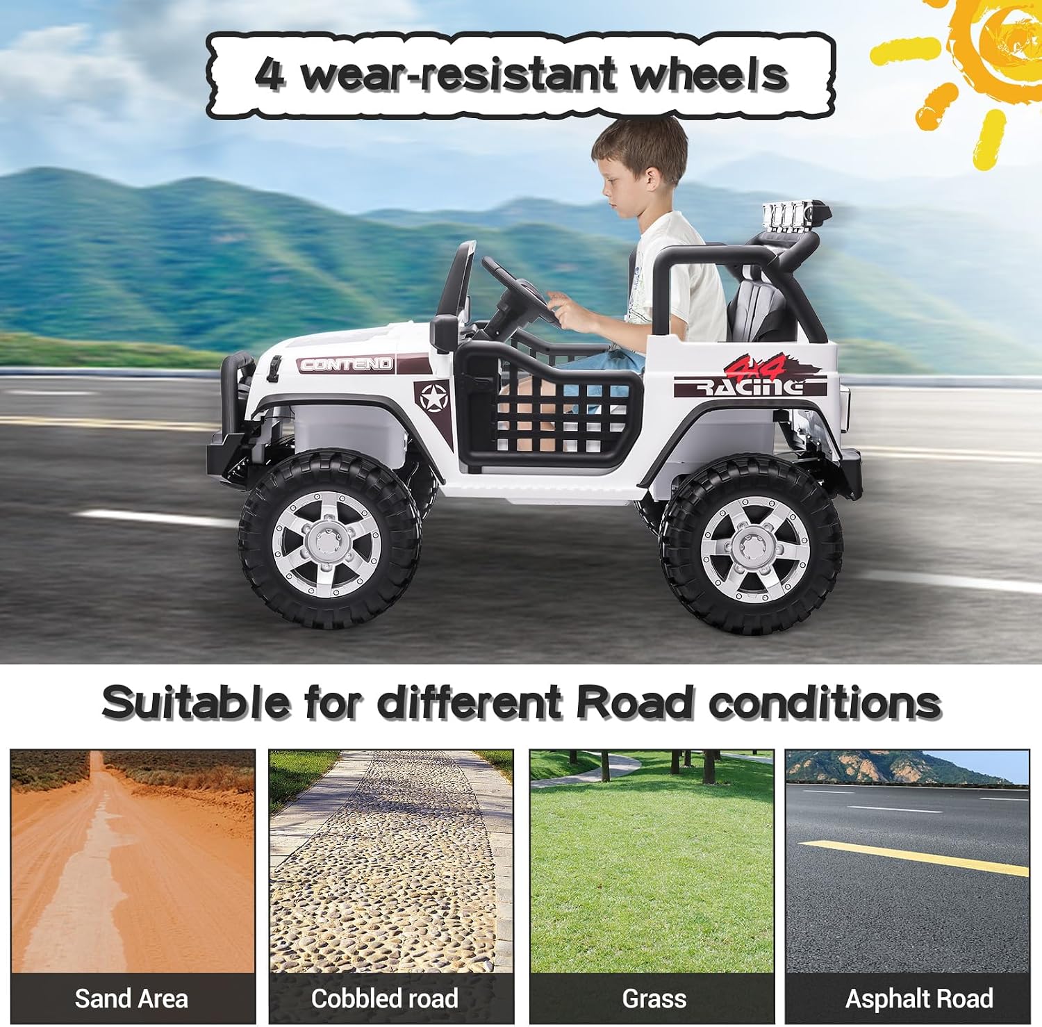 SEHOMY Two Seater Ride on Cars for Kids, 12V Power Wheels Truck with Remote Control, 3 Speed, Spring Suspension, 110LBS Max, Music, Horn, White Kids' Electric Vehicles Toddlers Toy Car for Boys Girls