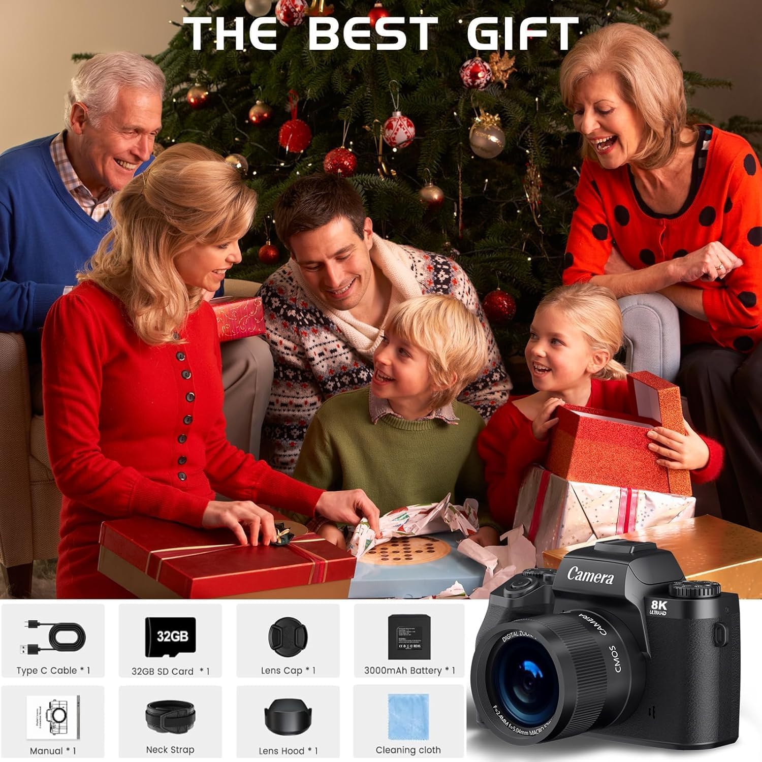 8K Digital Camera for Photography, WiFi & 4' Touch Screen Vlogging Camera for YouTube with Dual-Lens, 64MP Vlog Cameras 16X Digital Zoom with 32GB TF Card, 3000mAh Battery, Lens Hood, Black