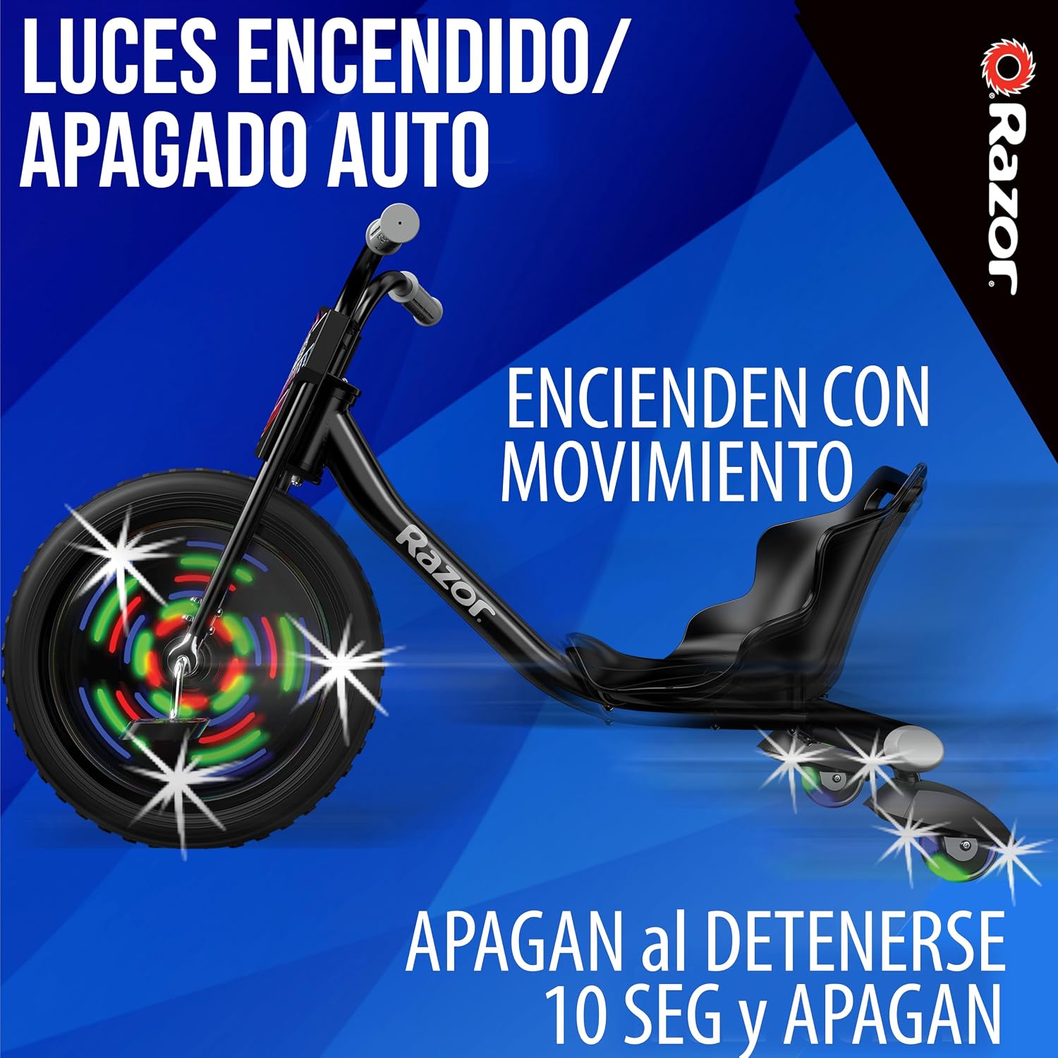 Razor RipRider 360 Lightshow – Trike with Rear Casters and with Motion-Activated Multi-Color Lights, 3 Wheeled Drifting Ride-On for Kids Ages 5 and Up