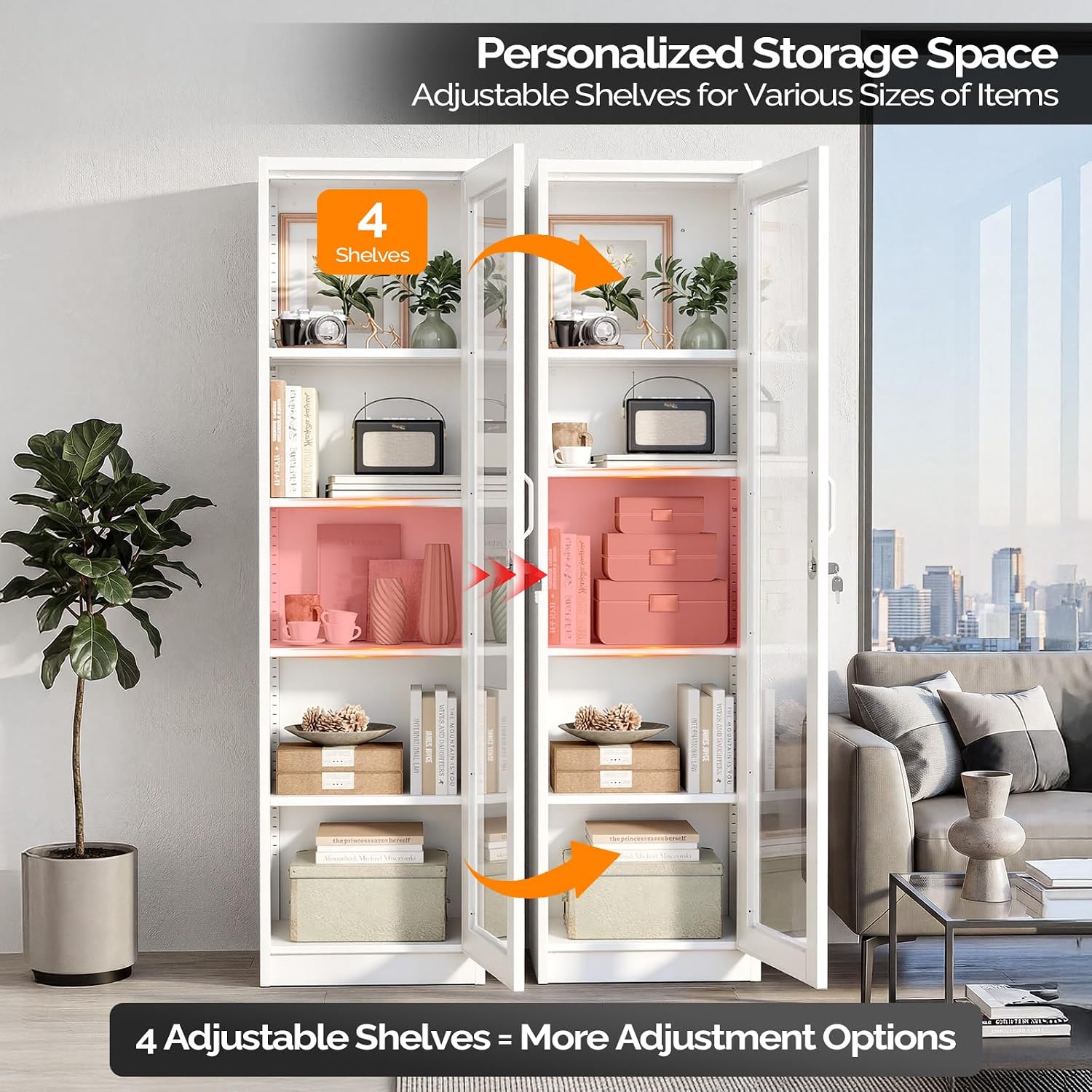 VINGLI Lockable Display Cabinet with Glass Door & 4 Adjustable Shelves, 65' Tall Metal Storage Cabinet Curio Liquor, Bookshelf Bookcase for Home Office Living Room Pantry Garage (White)