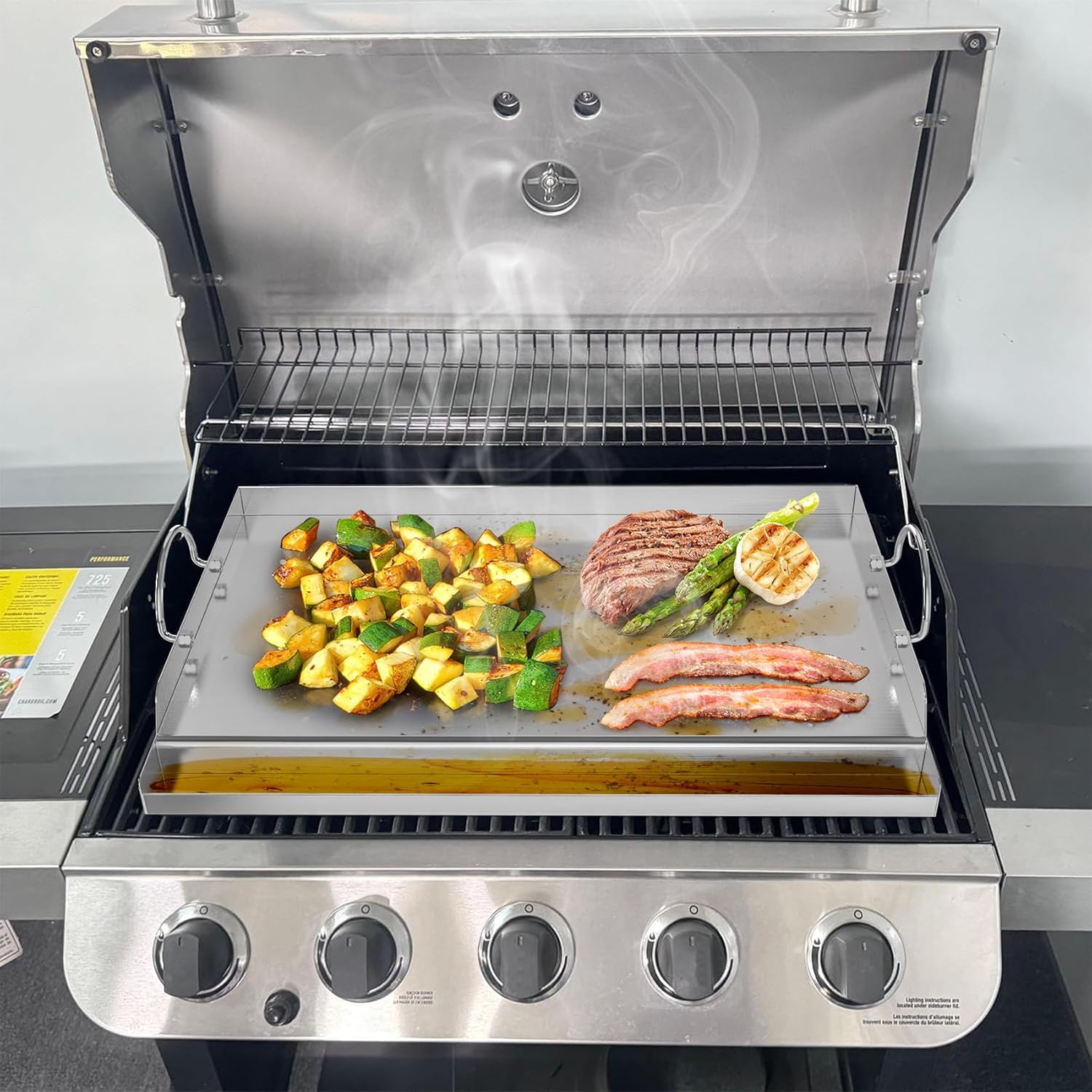 onlyfire Stainless Steel BBQ Griddle, Outdoor Flat Top Griddle Pan with Grease Groove and Handles for Gas and Charcoal Grills, 25'x16'