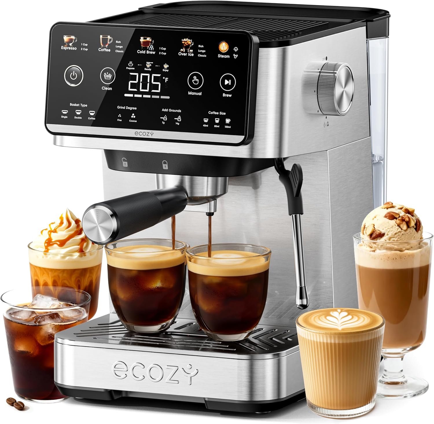 ecozy 4-in-1 Espresso Machine and Coffee Maker Combo with Milk Frother, Cold Brew & Over Ice, Interactive Touch Screen, Stainless Steel, Brezzano Elite Series for Cappuccinos, Lattes, Americanos