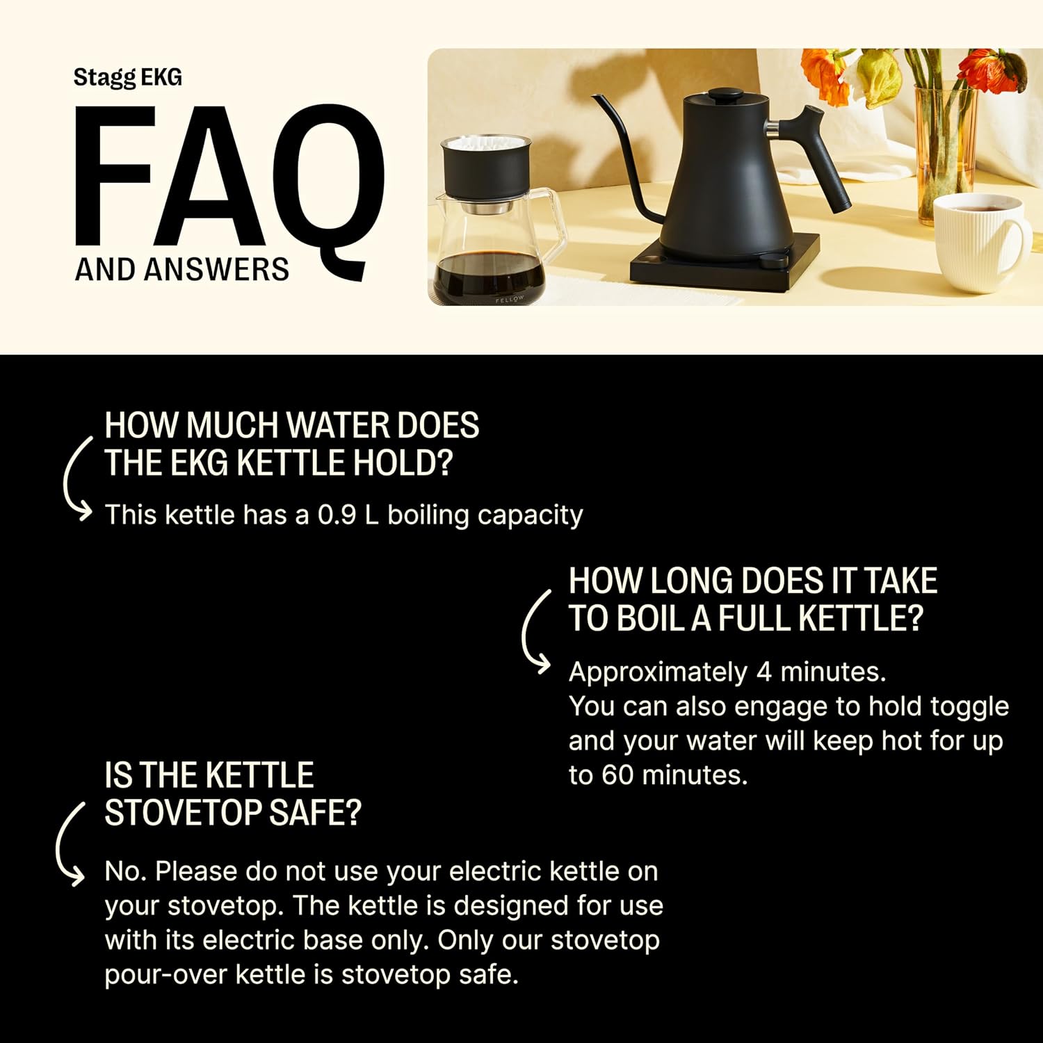 Fellow Stagg EKG Electric Gooseneck Kettle - Pour-Over Coffee and Tea Kettle - Stainless Steel Water Boiler - Quick Heating for Boiling Water - Matte Black
