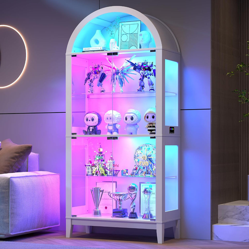 Lvifur Display Cabinet with - Glass Doors,Arched Curio Cabinet with RGB Lights for Collectibles,5-Tiers Tall Display Case with Human Sensor,Showcase Cabinet with Glass Shelf for Living Room (White)