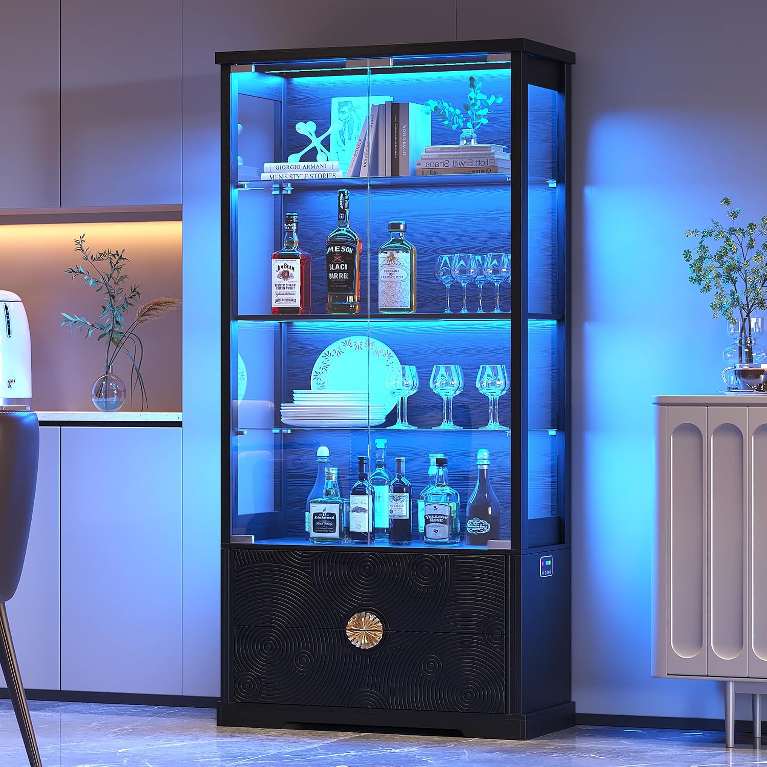 TAGELIER RGB Glass Display Cabinet with Door, 4-Tier Curio Cabinet with 2 Drawers and Adjustable Glass Height Showcase, Display Case with 3 LED Light and Human Body Sensor, Black